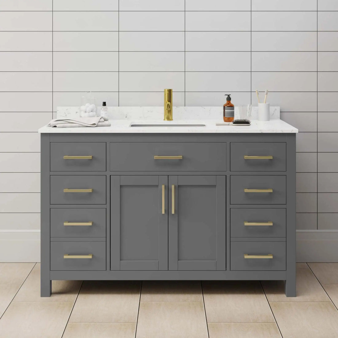 54" Beckett Single Bathroom Vanity in Dark Gray with Brushed Gold Trim by Wyndham