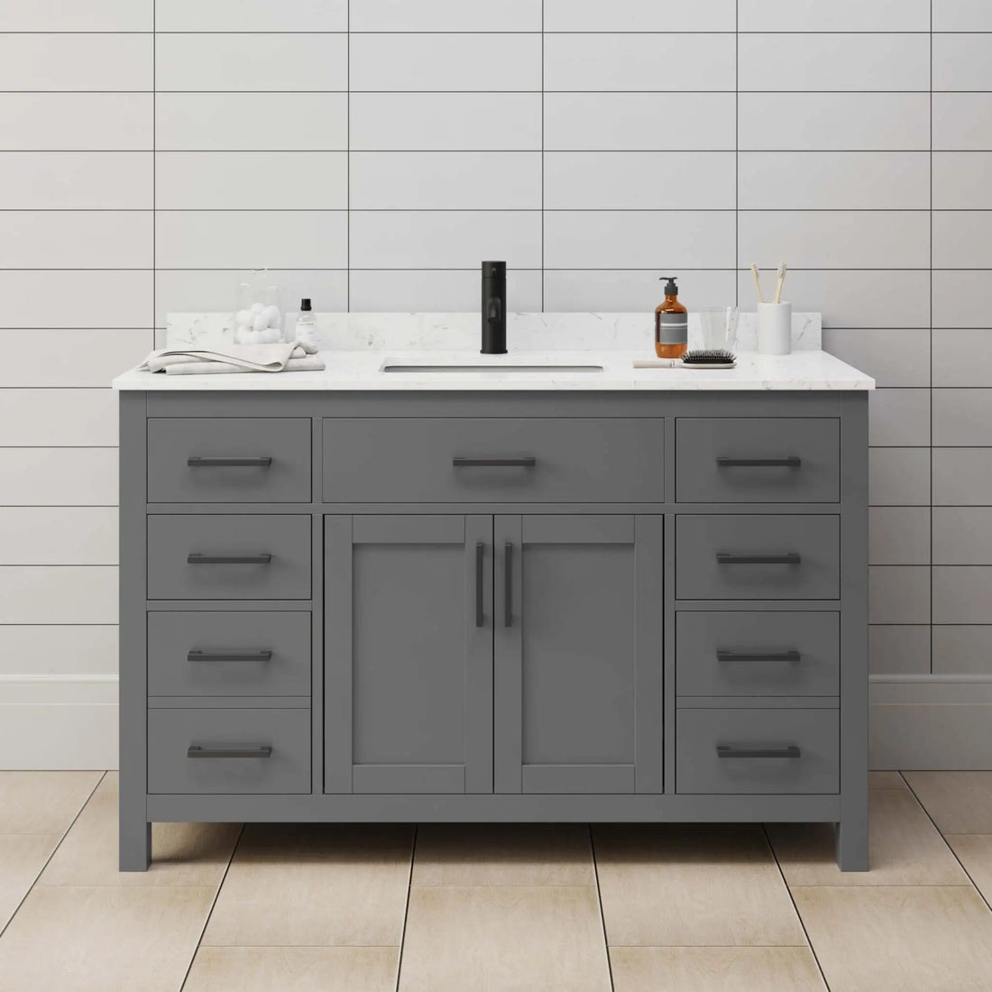 54" Beckett Single Bathroom Vanity in Dark Gray with Matte Black Trim by Wyndham