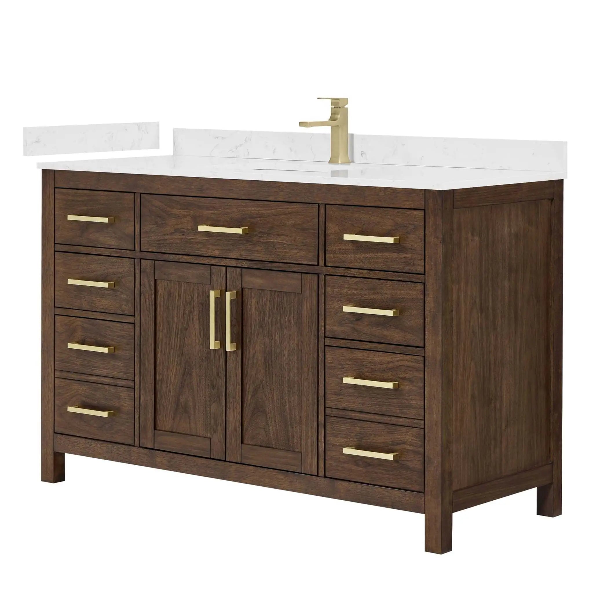 54" Beckett Single Bathroom Vanity in Dark Walnut with Brushed Gold Trim by Wyndham