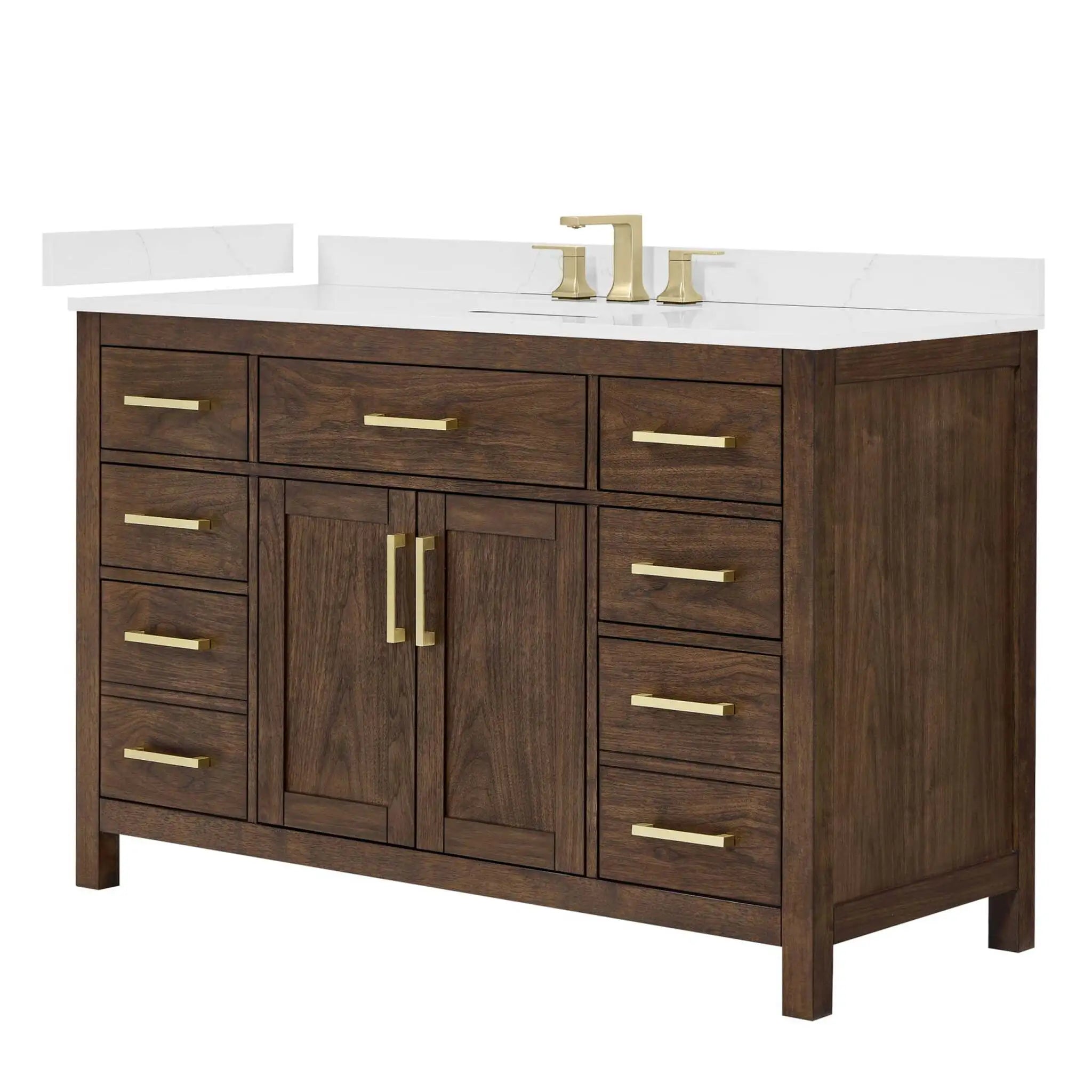 54" Beckett Single Bathroom Vanity in Dark Walnut with Brushed Gold Trim by Wyndham