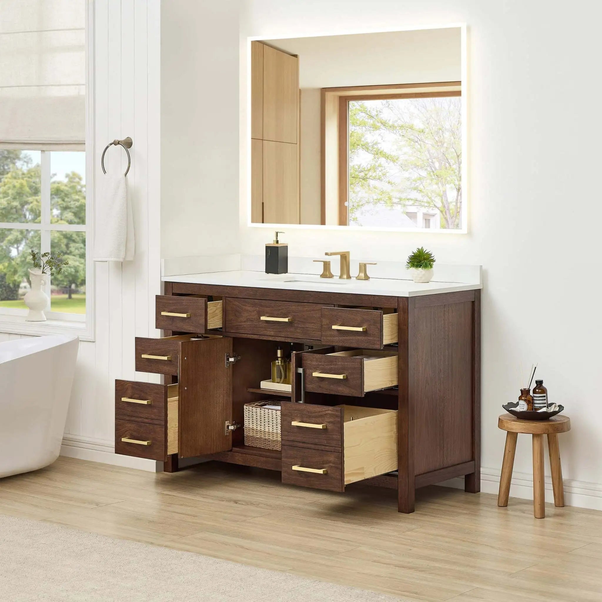 54" Beckett Single Bathroom Vanity in Dark Walnut with Brushed Gold Trim by Wyndham