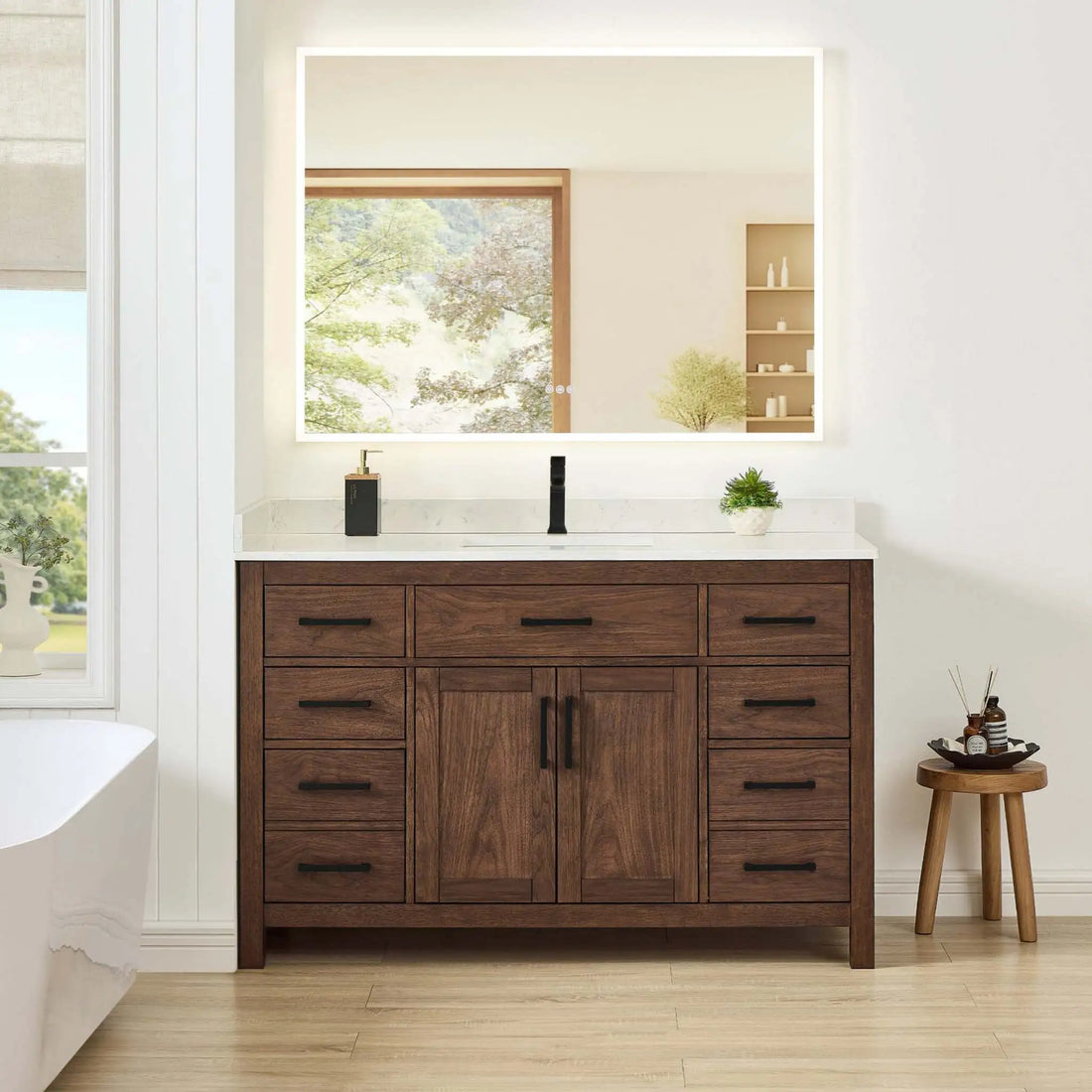 54" Beckett Single Bathroom Vanity in Dark Walnut with Matte Black Trim by Wyndham