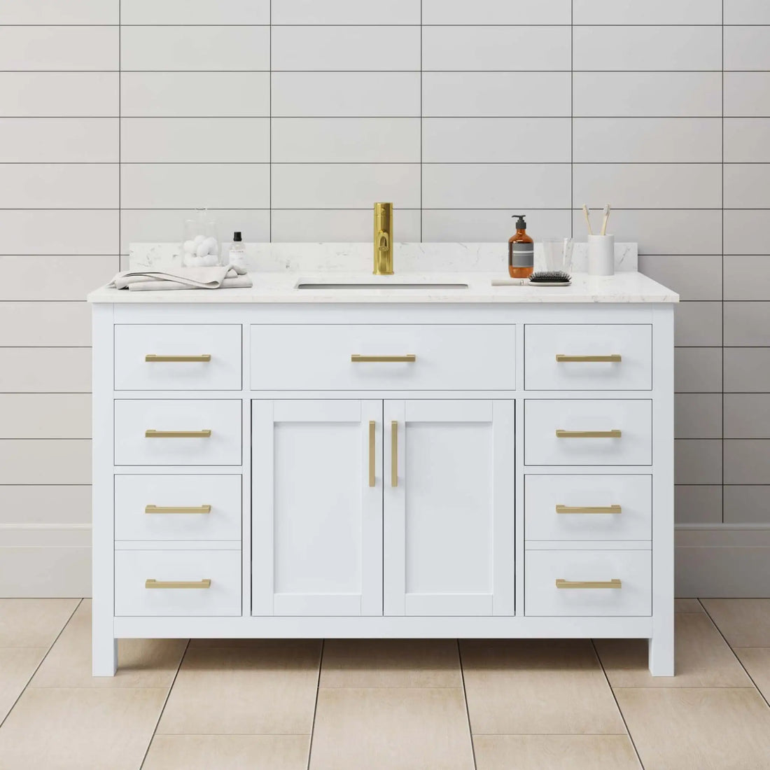 54" Beckett Single Bathroom Vanity in White with Brushed Gold Trim by Wyndham