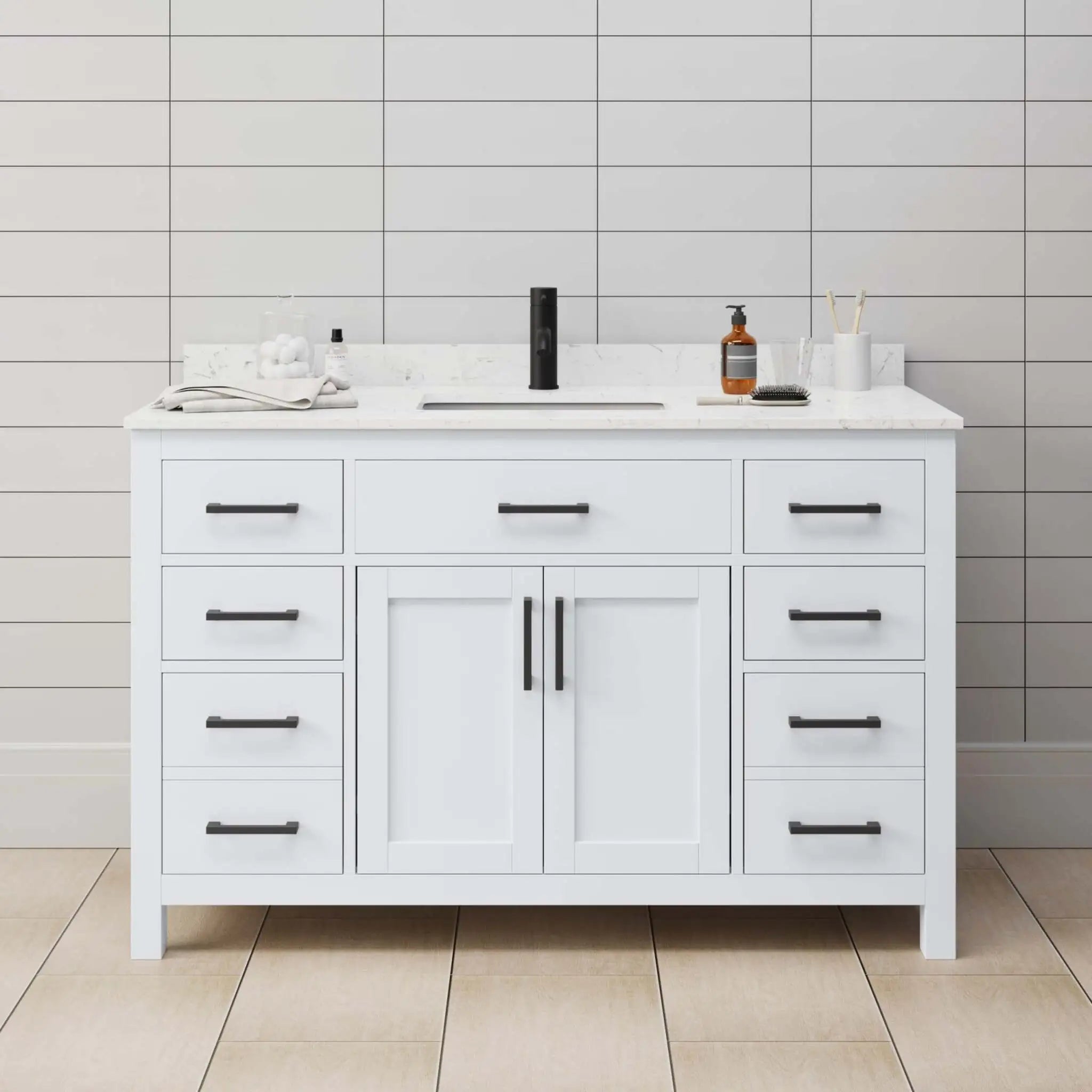 54" Beckett Single Bathroom Vanity in White with Matte Black Trim by Wyndham