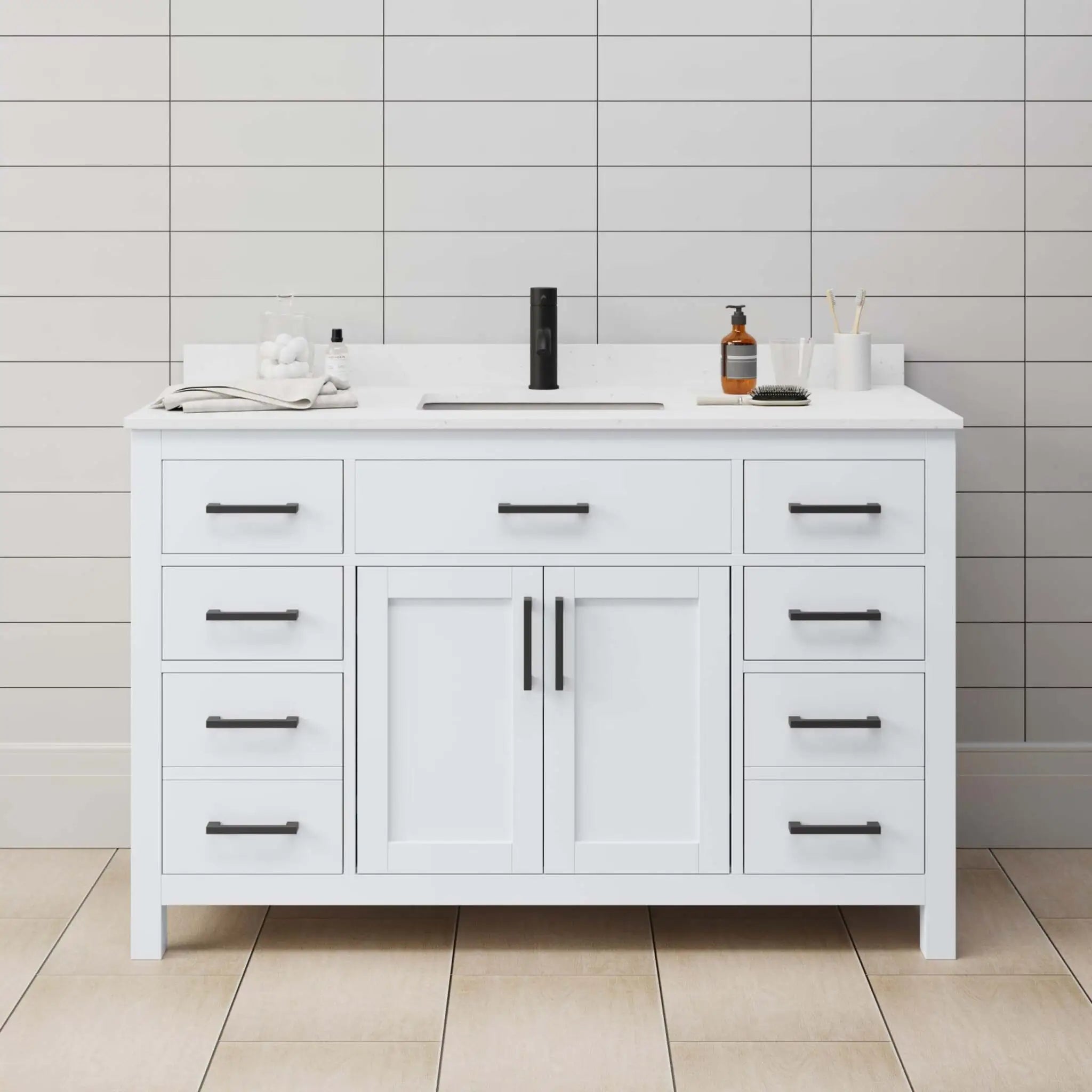 54" Beckett Single Bathroom Vanity in White with Matte Black Trim by Wyndham