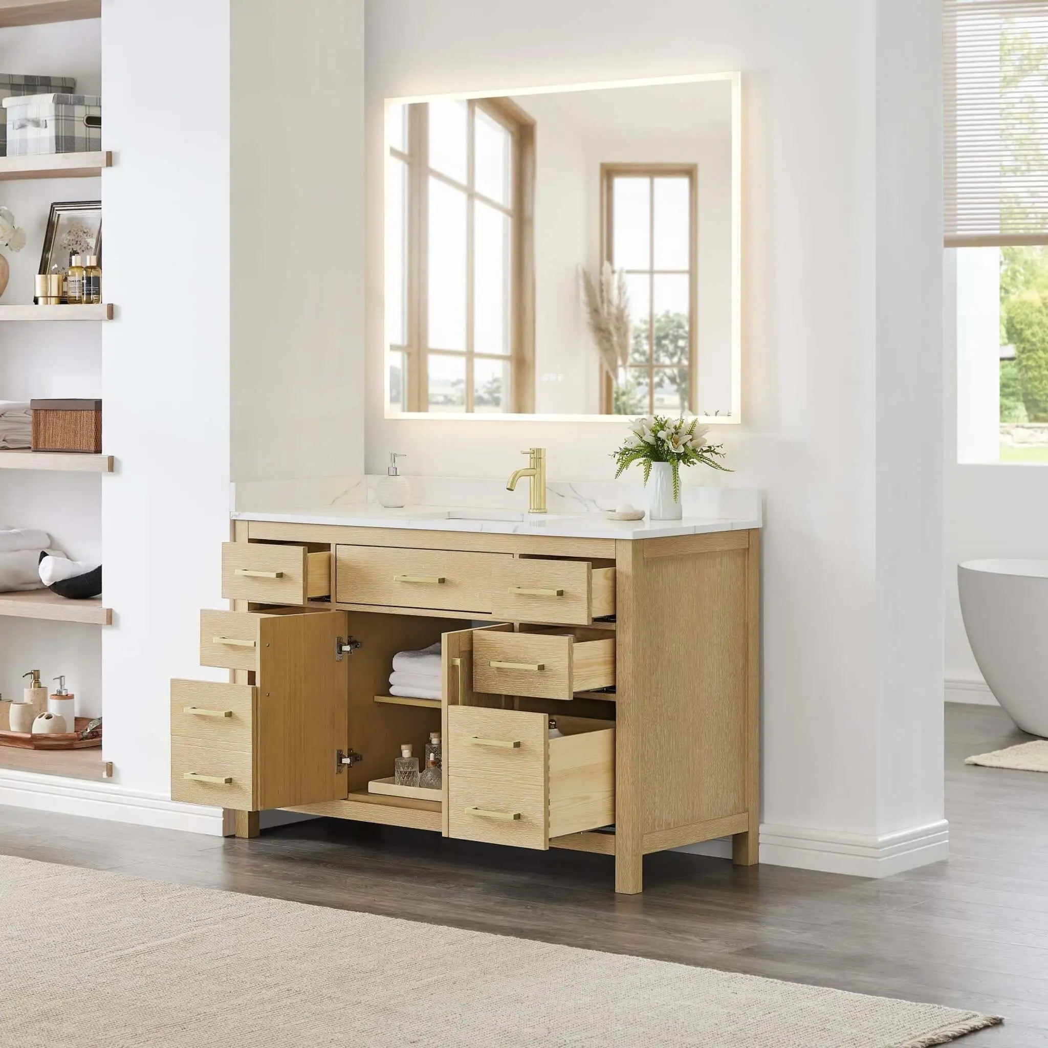 54" Beckett Single Bathroom Vanity in Whitewashed Oak with Brushed Gold Trim by Wyndham