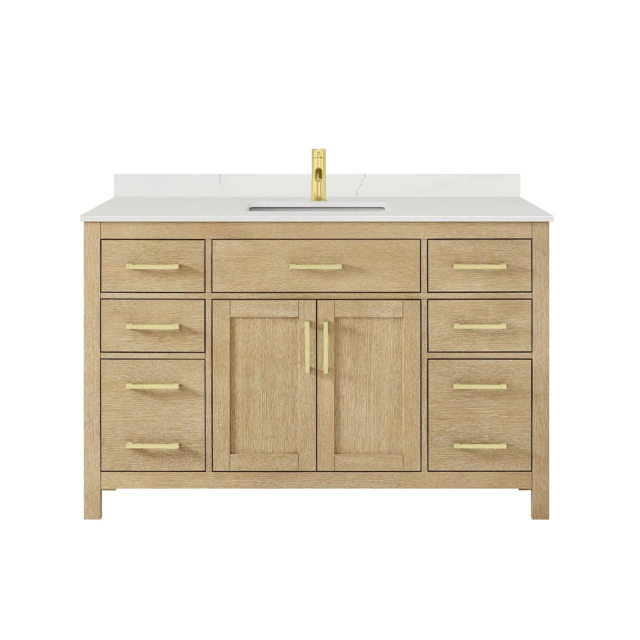 54" Beckett Single Bathroom Vanity in Whitewashed Oak with Brushed Gold Trim by Wyndham
