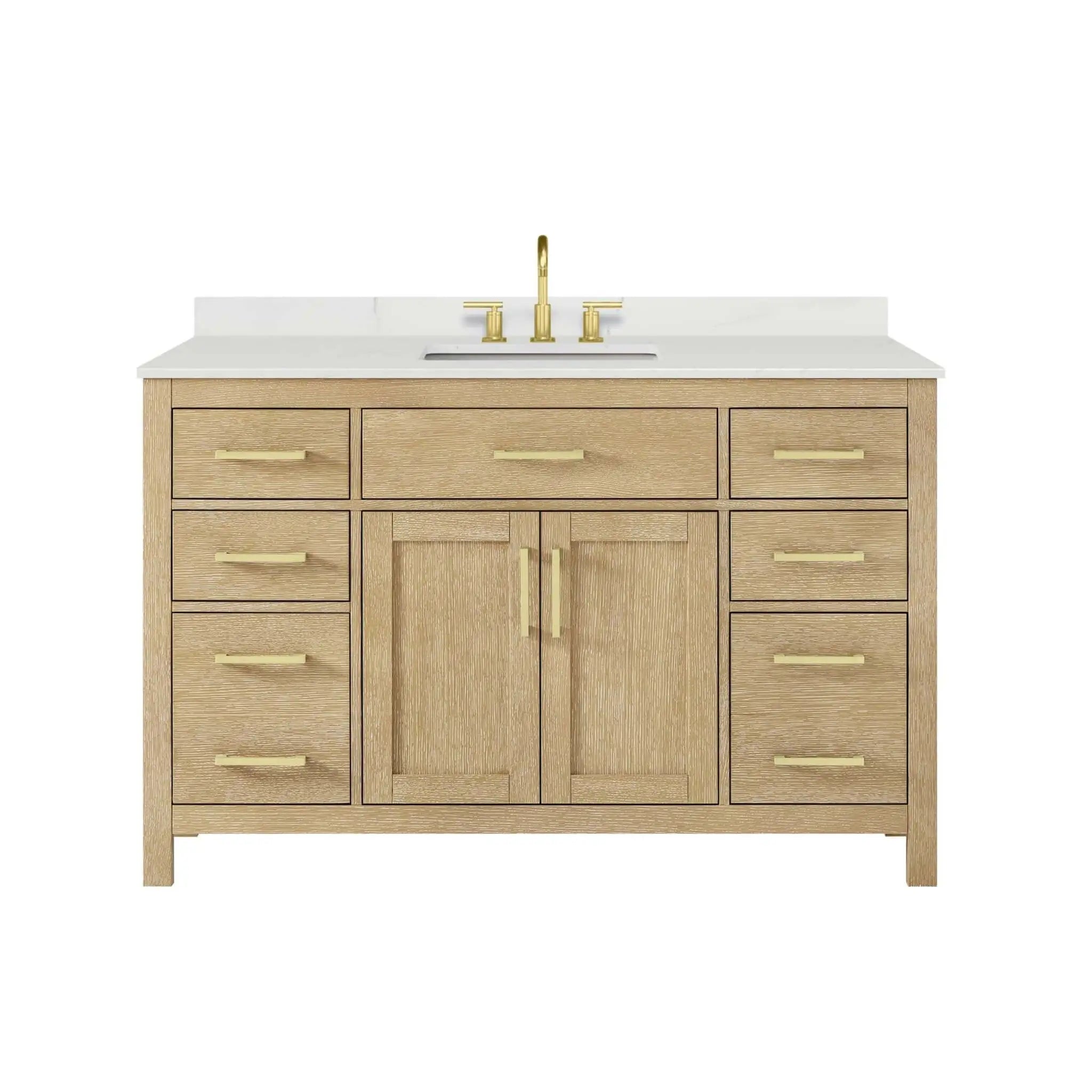 54" Beckett Single Bathroom Vanity in Whitewashed Oak with Brushed Gold Trim by Wyndham