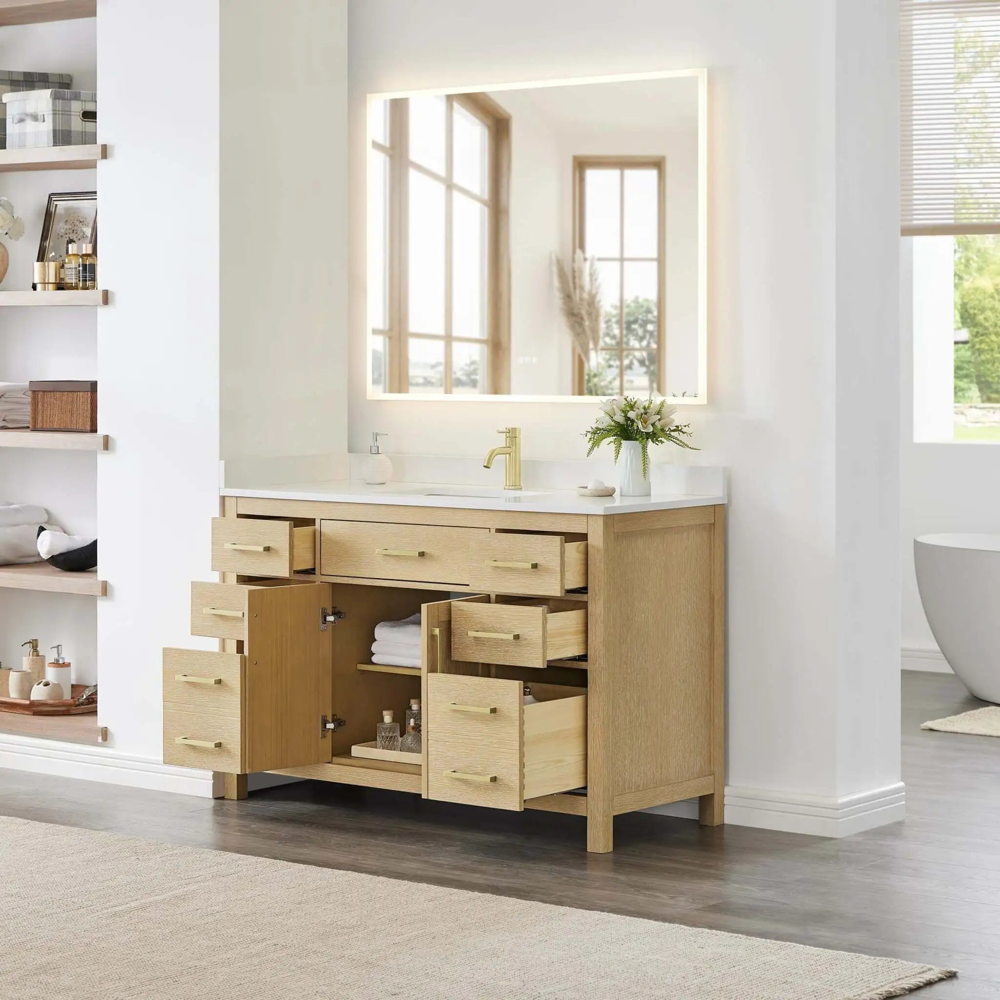 54" Beckett Single Bathroom Vanity in Whitewashed Oak with Brushed Gold Trim by Wyndham