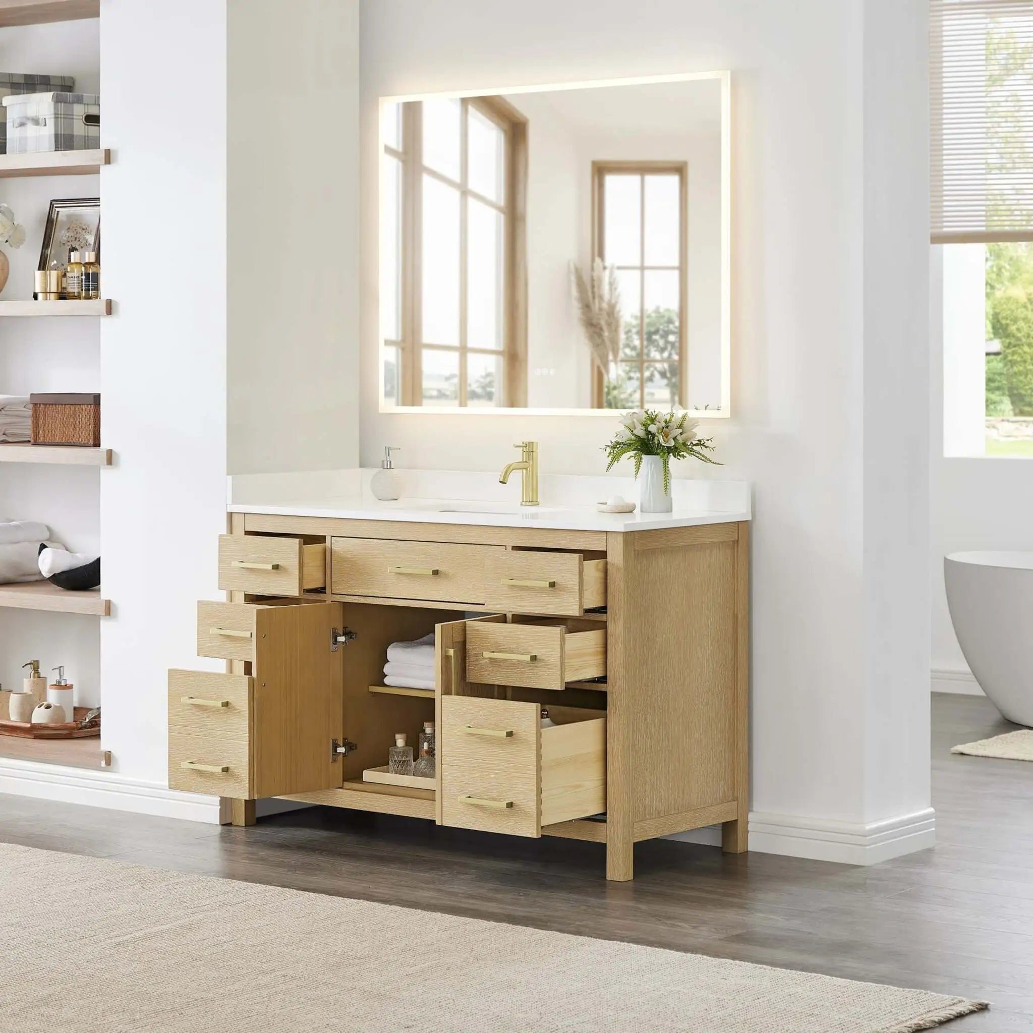 54" Beckett Single Bathroom Vanity in Whitewashed Oak with Brushed Gold Trim by Wyndham