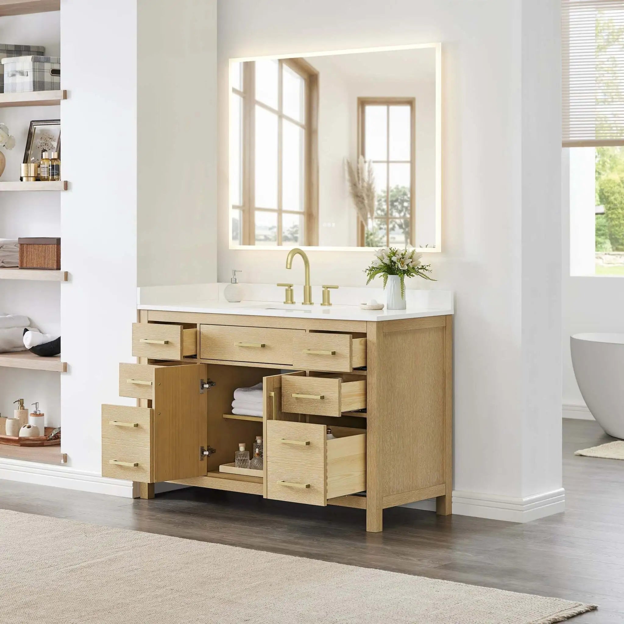 54" Beckett Single Bathroom Vanity in Whitewashed Oak with Brushed Gold Trim by Wyndham