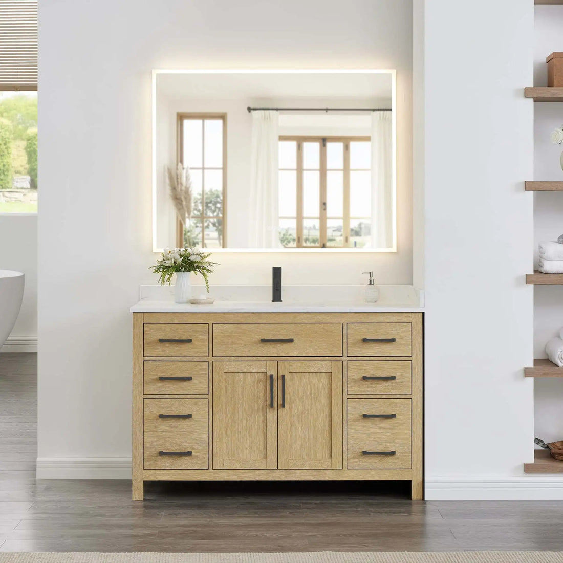 54" Beckett Single Bathroom Vanity in Whitewashed Oak with Matte Black Trim by Wyndham