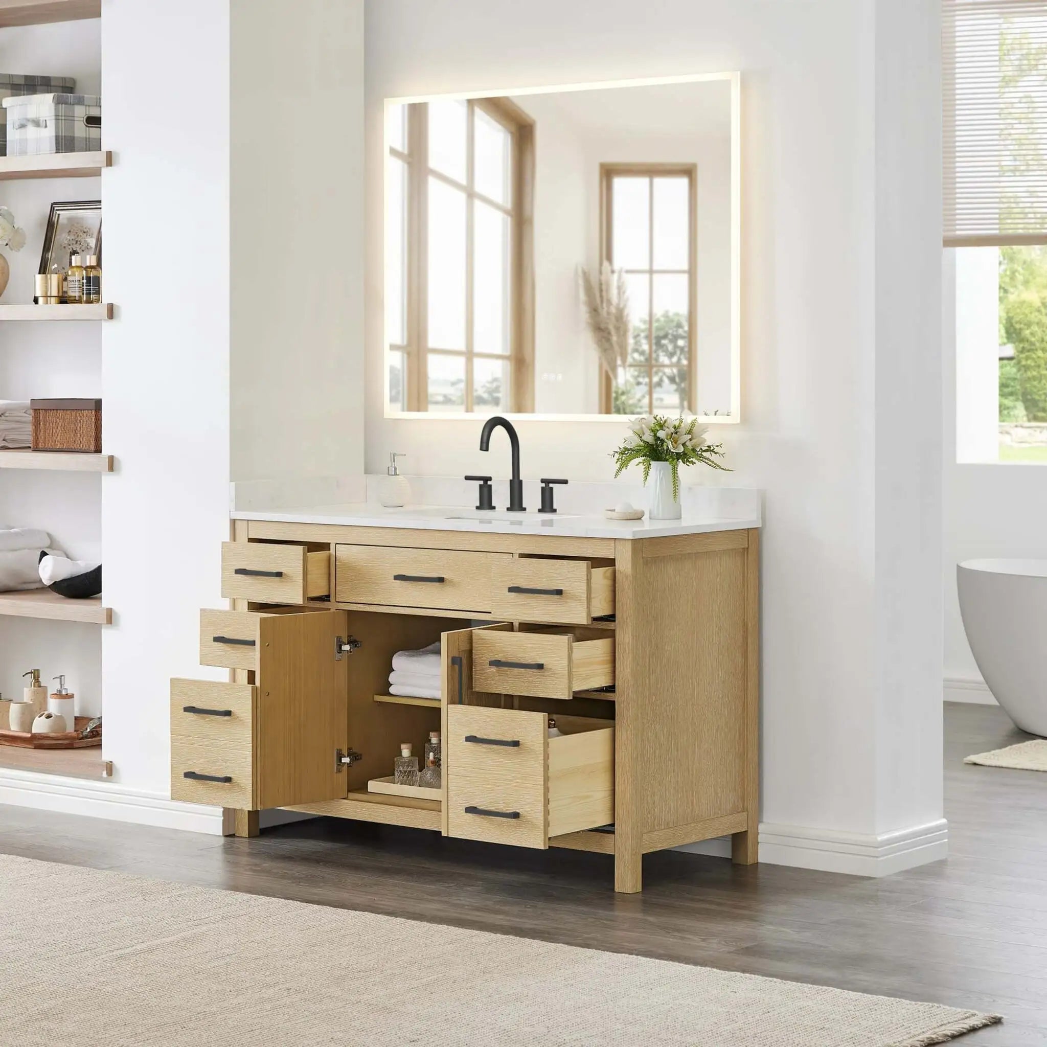 54" Beckett Single Bathroom Vanity in Whitewashed Oak with Matte Black Trim by Wyndham