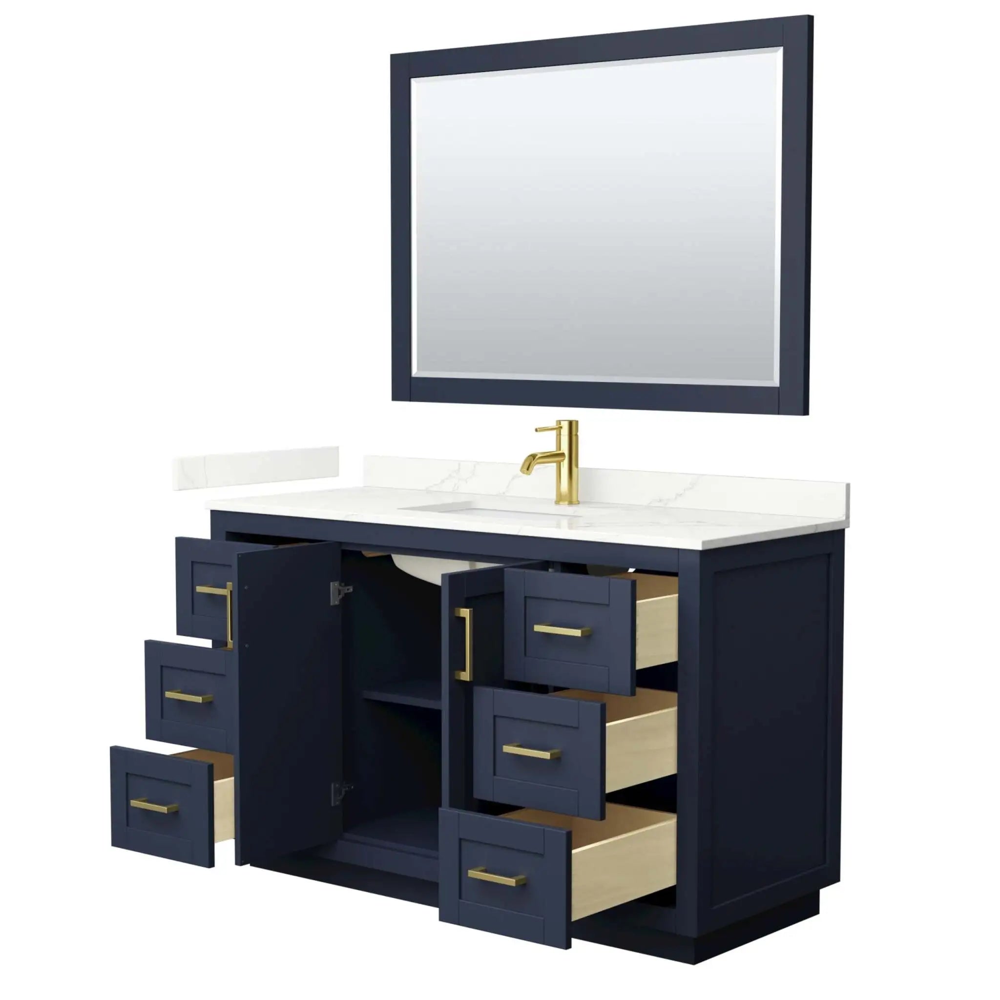 54" Miranda Single Bathroom Vanity in Dark Blue with Brushed Gold Trim & 46" Mirror by Wyndham