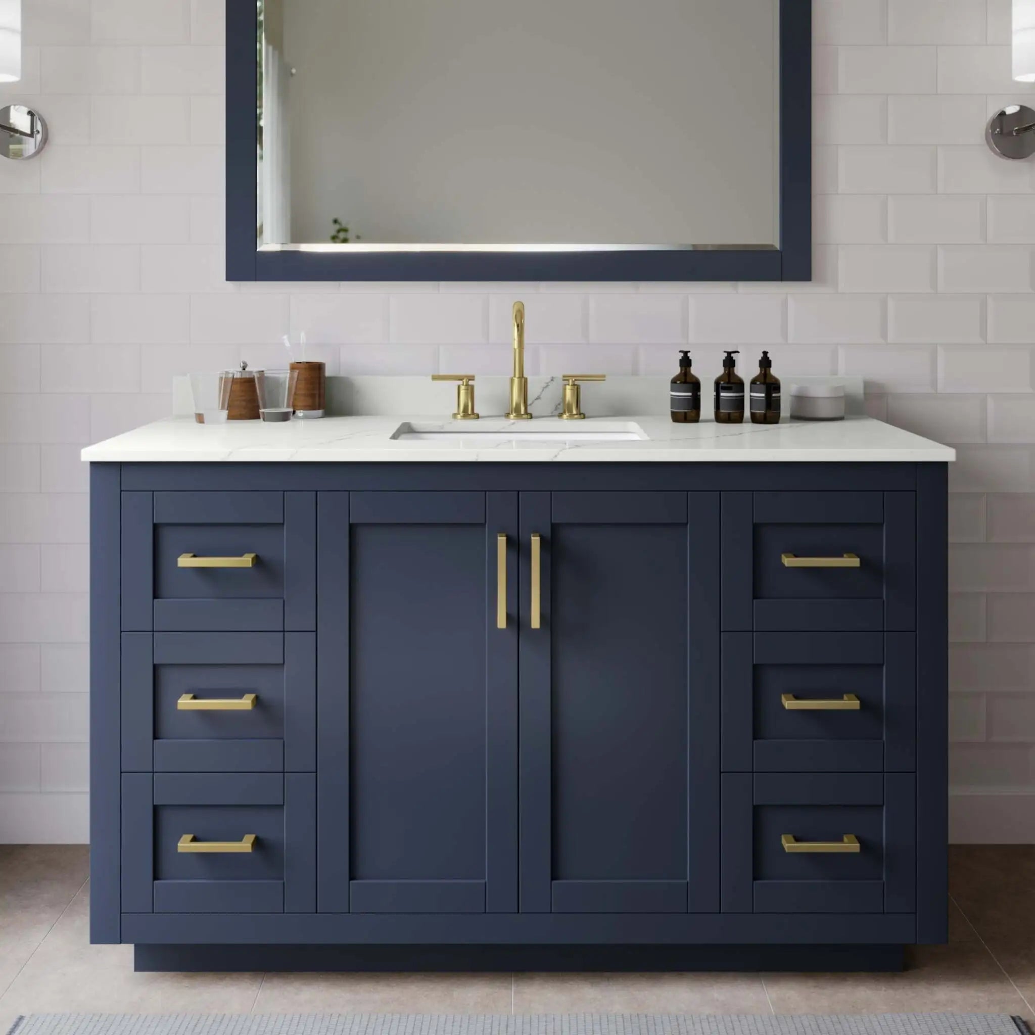 54" Miranda Single Bathroom Vanity in Dark Blue with Brushed Gold Trim by Wyndham