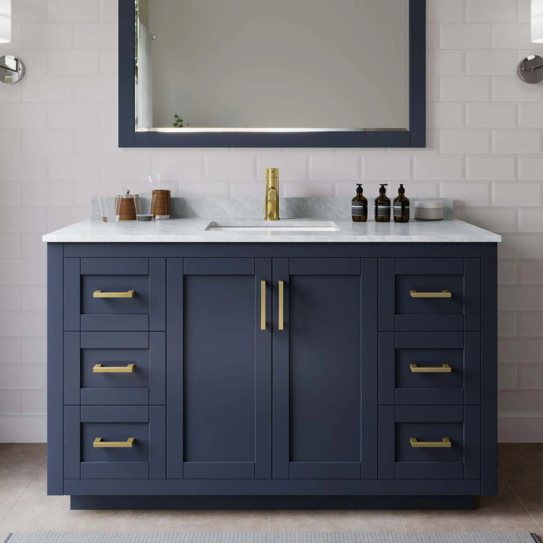 54" Miranda Single Bathroom Vanity in Dark Blue with Brushed Gold Trim by Wyndham