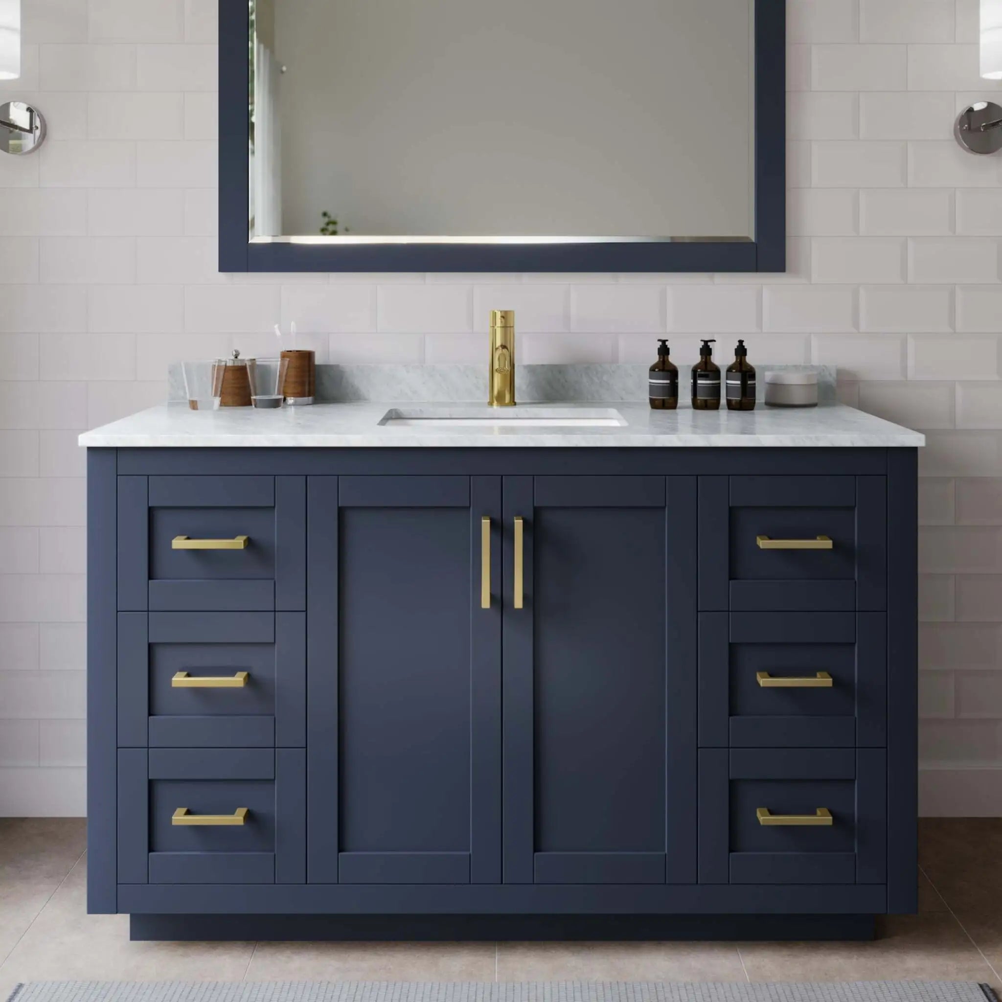 54" Miranda Single Bathroom Vanity in Dark Blue with Brushed Gold Trim by Wyndham