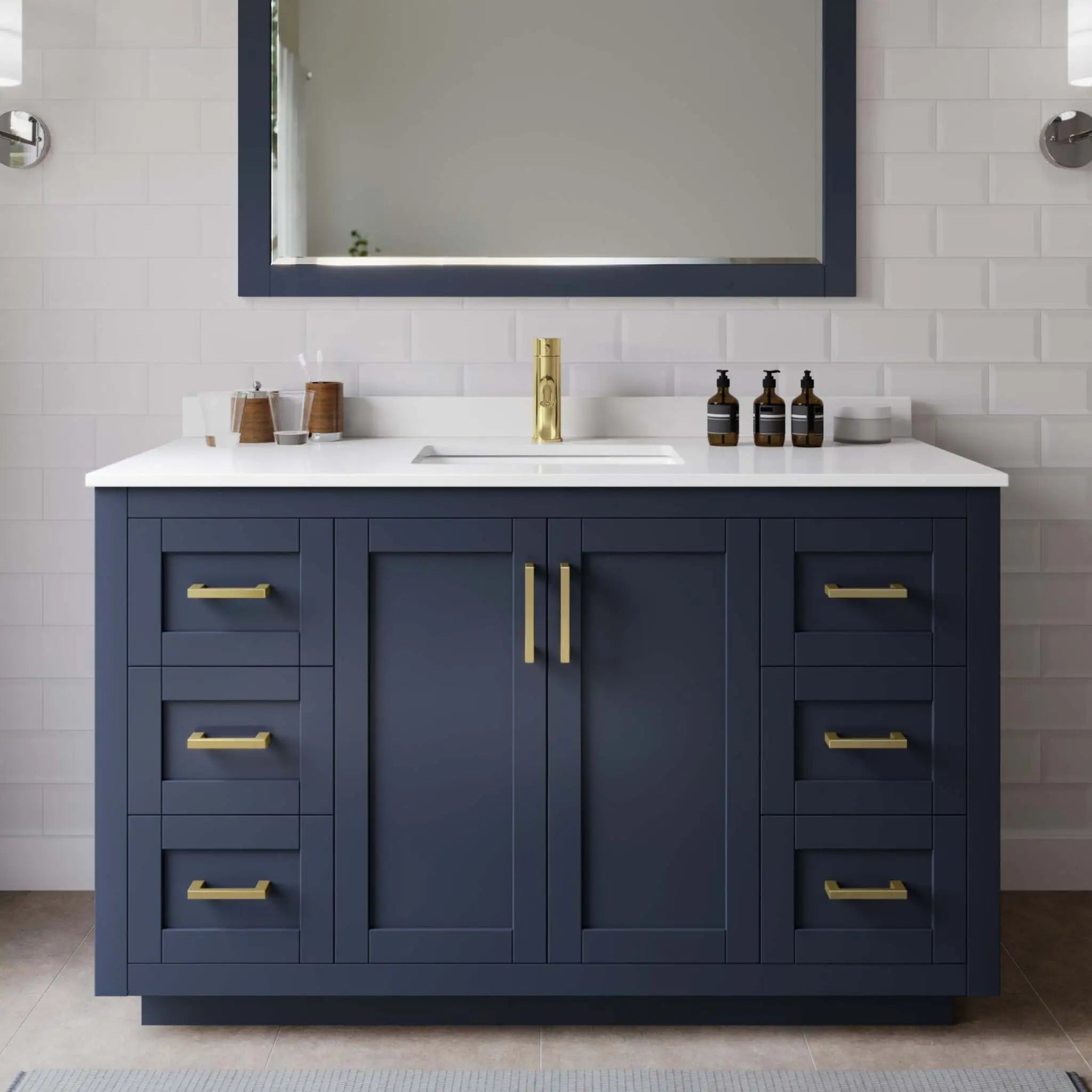 54" Miranda Single Bathroom Vanity in Dark Blue with Brushed Gold Trim by Wyndham