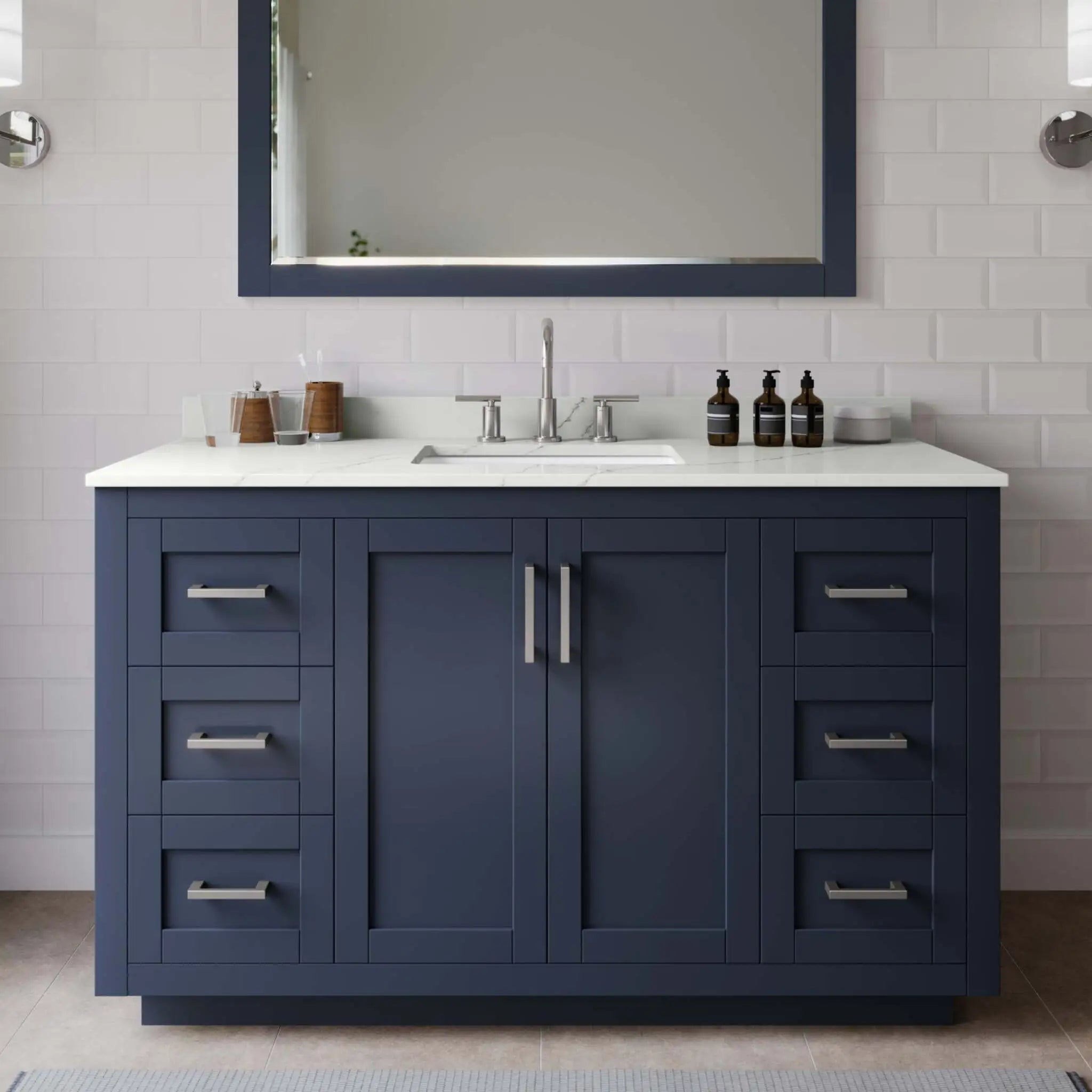 54" Miranda Single Bathroom Vanity in Dark Blue with Brushed Nickel Trim & 46" Mirror by Wyndham