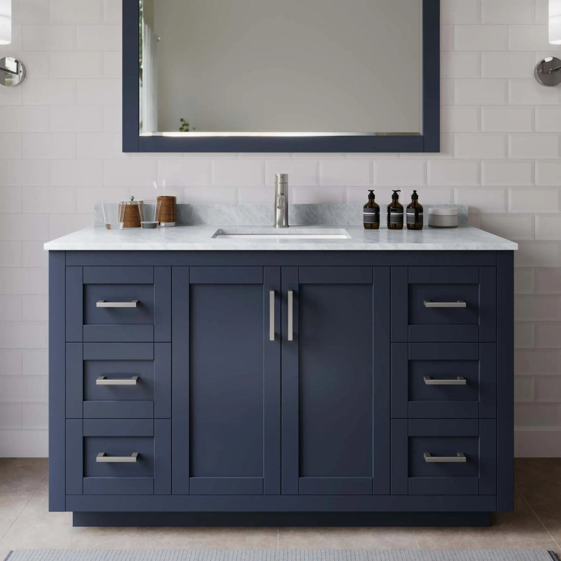 54" Miranda Single Bathroom Vanity in Dark Blue with Brushed Nickel Trim & 46" Mirror by Wyndham