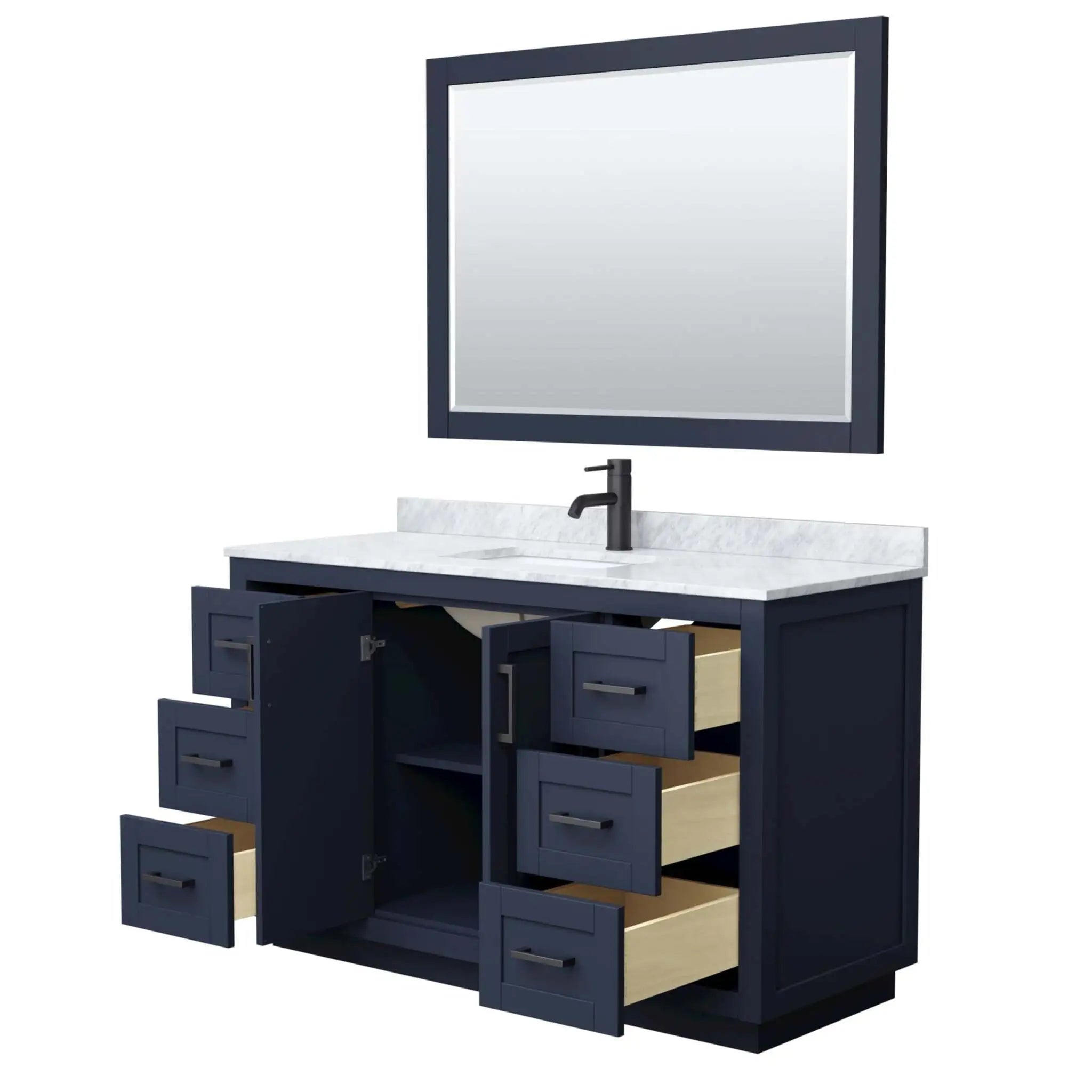 54" Miranda Single Bathroom Vanity in Dark Blue with Matte Black Trim & 46" Mirror by Wyndham