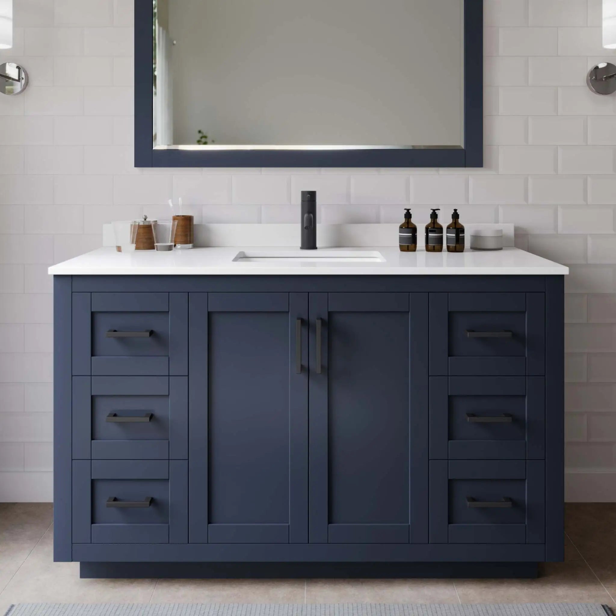 54" Miranda Single Bathroom Vanity in Dark Blue with Matte Black Trim & 46" Mirror by Wyndham