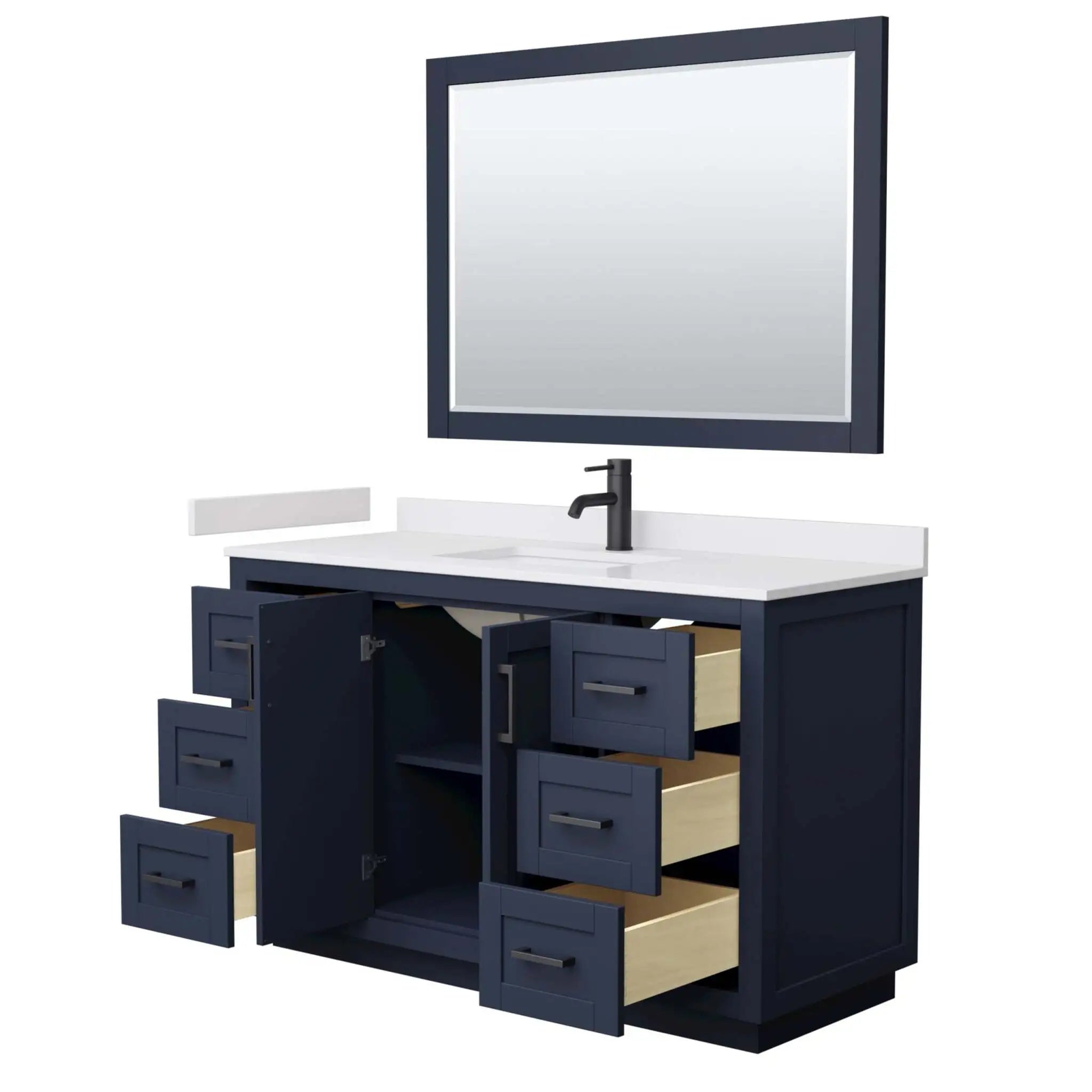 54" Miranda Single Bathroom Vanity in Dark Blue with Matte Black Trim & 46" Mirror by Wyndham