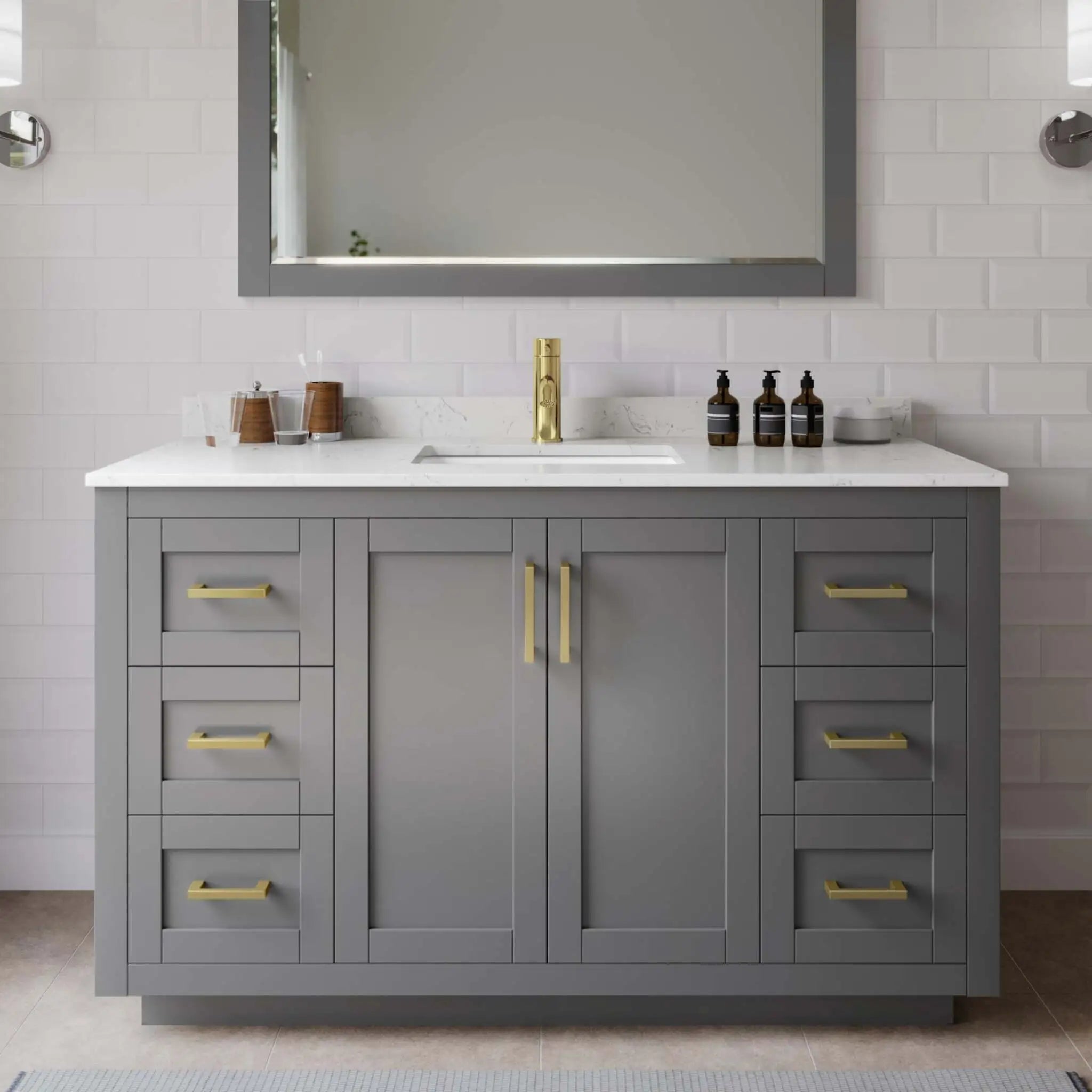 54" Miranda Single Bathroom Vanity in Dark Gray with Brushed Gold Trim & 46" Mirror by Wyndham