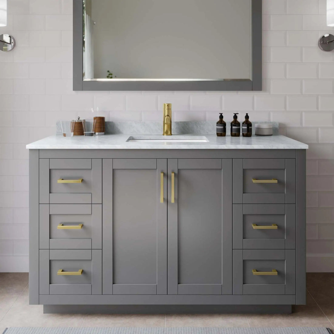 54" Miranda Single Bathroom Vanity in Dark Gray with Brushed Gold Trim & 46" Mirror by Wyndham