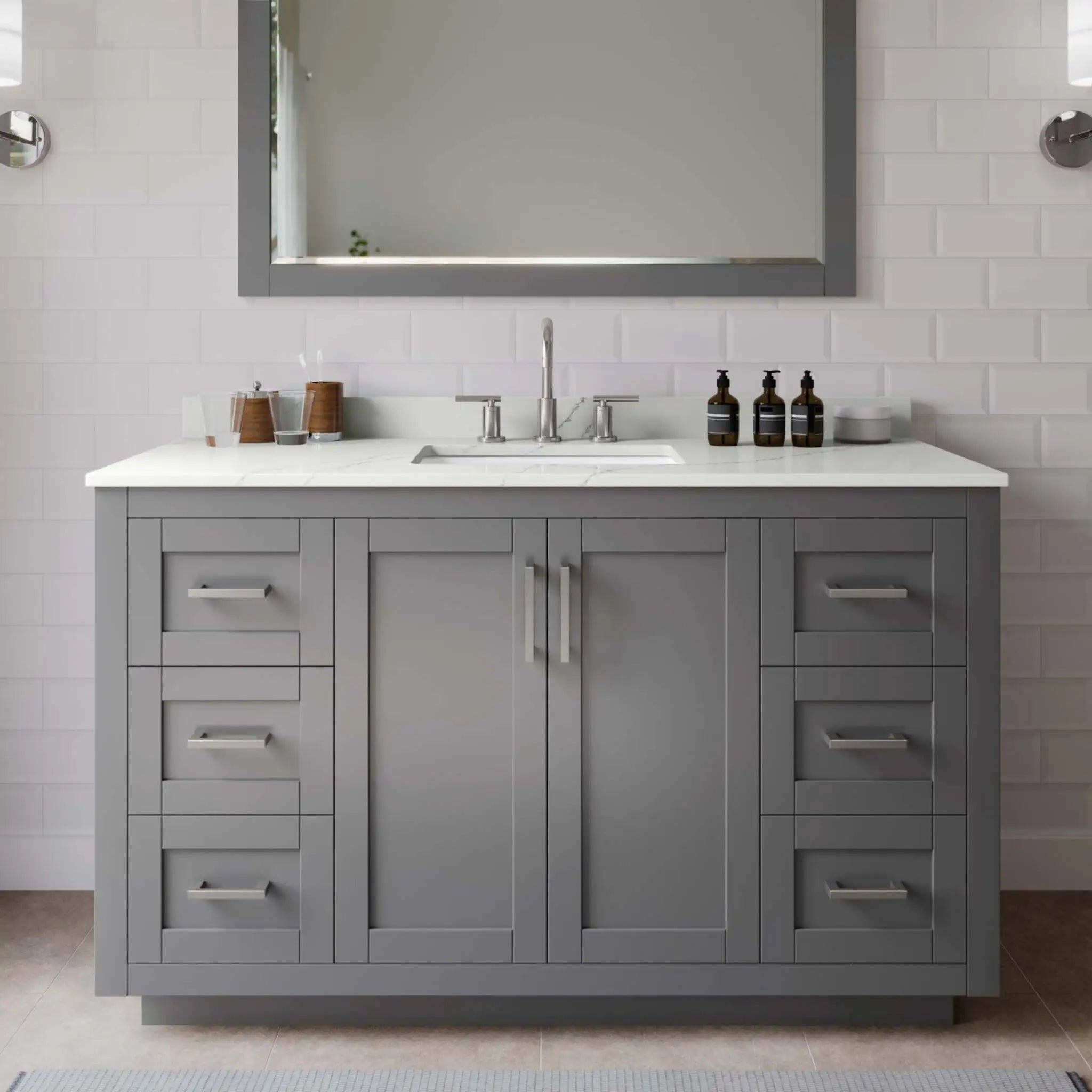 54" Miranda Single Bathroom Vanity in Dark Gray with Brushed Nickel Trim & 46" Mirror by Wyndham