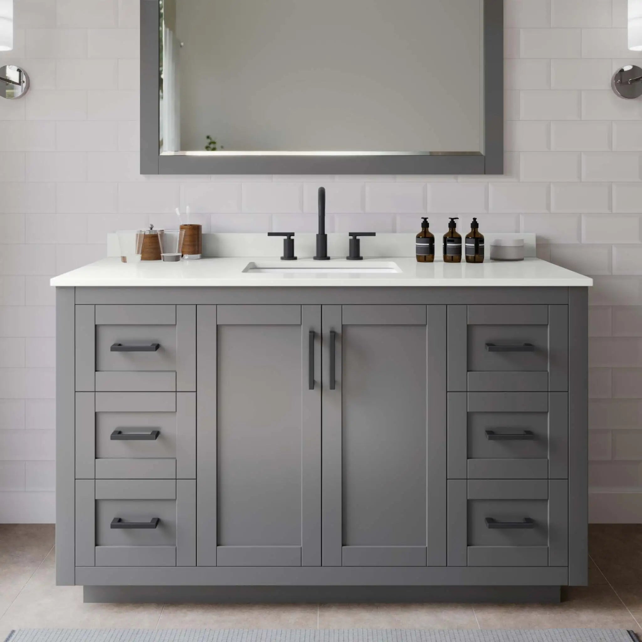 54" Miranda Single Bathroom Vanity in Dark Gray with Matte Black Trim & 46" Mirror by Wyndham