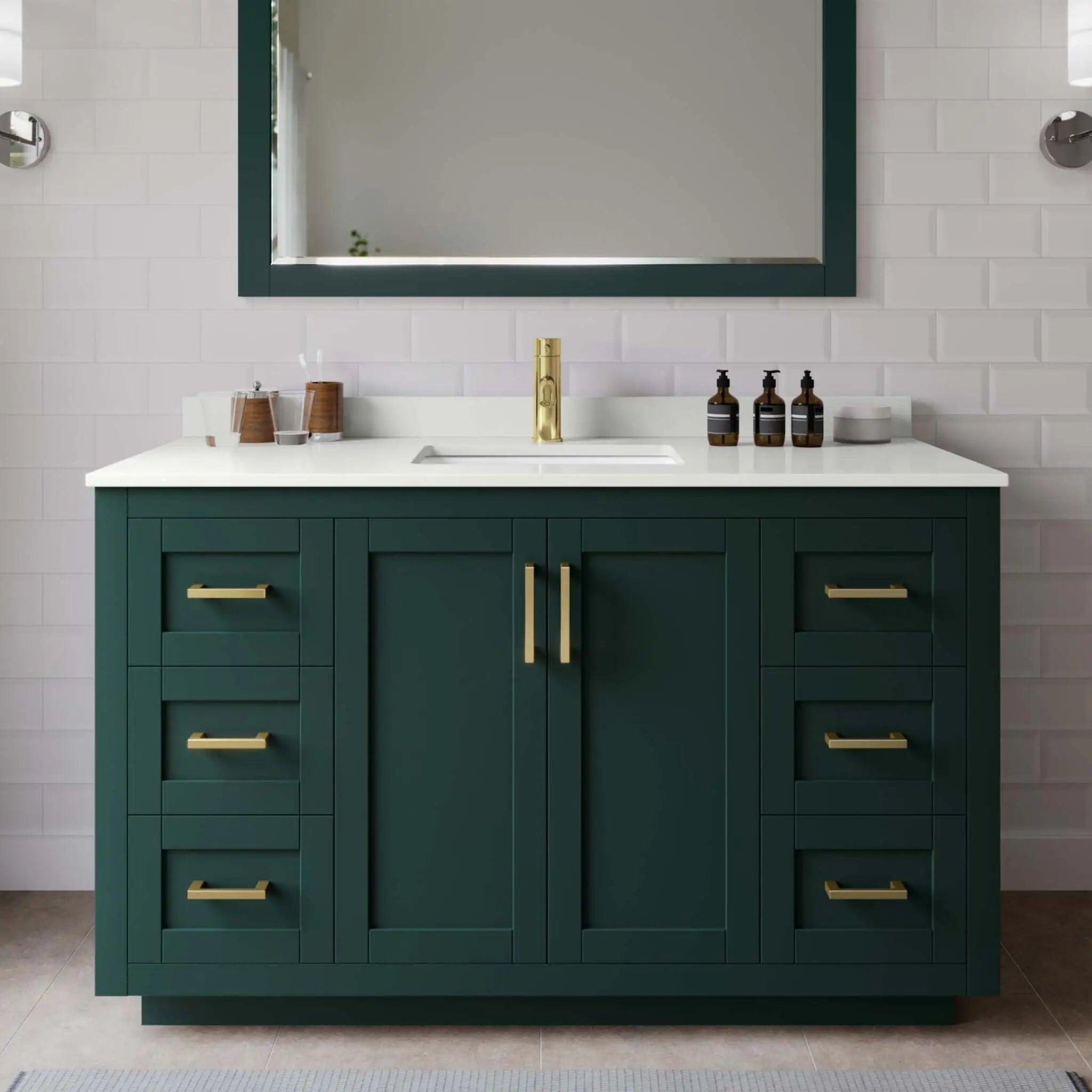 54" Miranda Single Bathroom Vanity in Green with Brushed Gold Trim & 46" Mirror by Wyndham