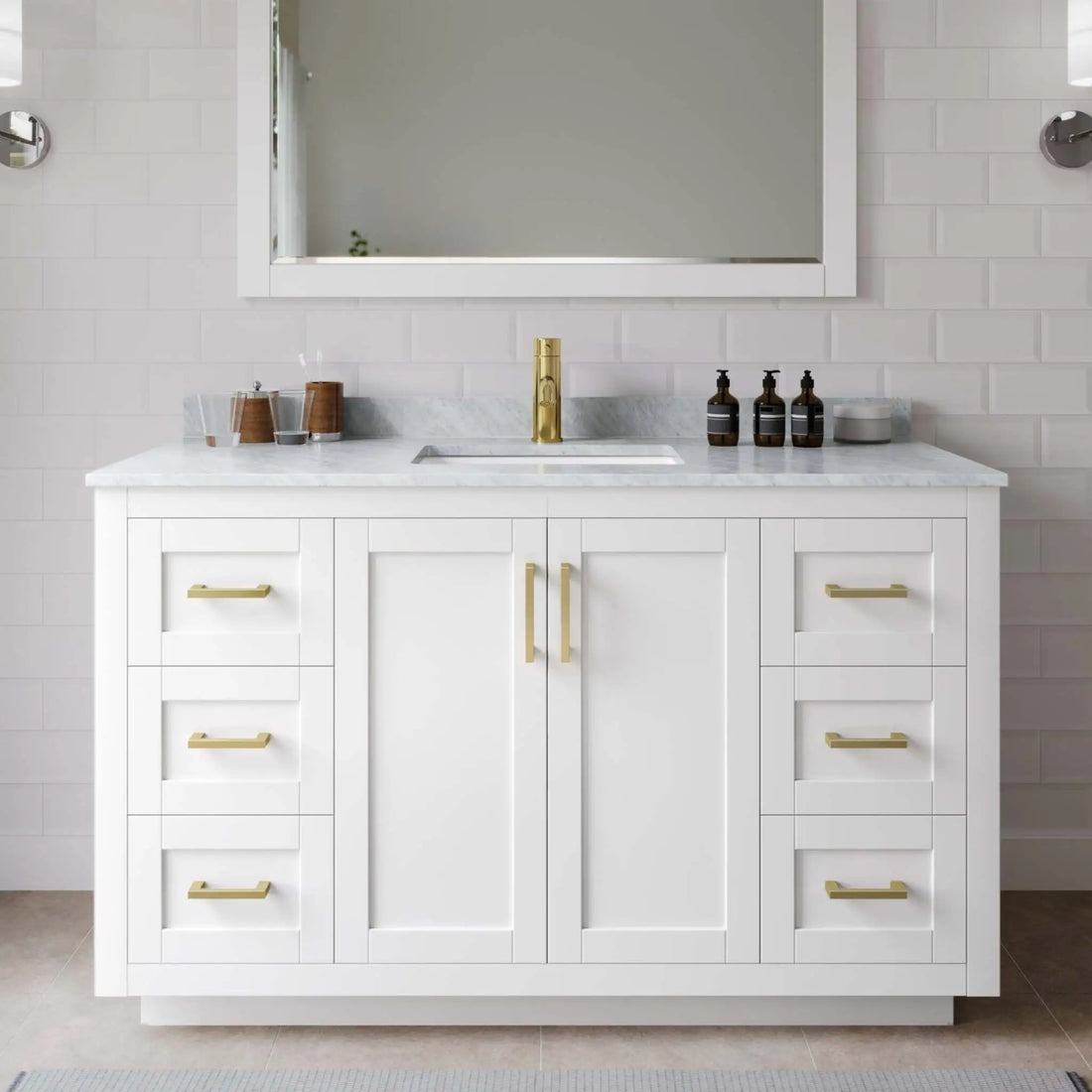 54" Miranda Single Bathroom Vanity in White with Brushed Gold Trim & 46" Mirror by Wyndham