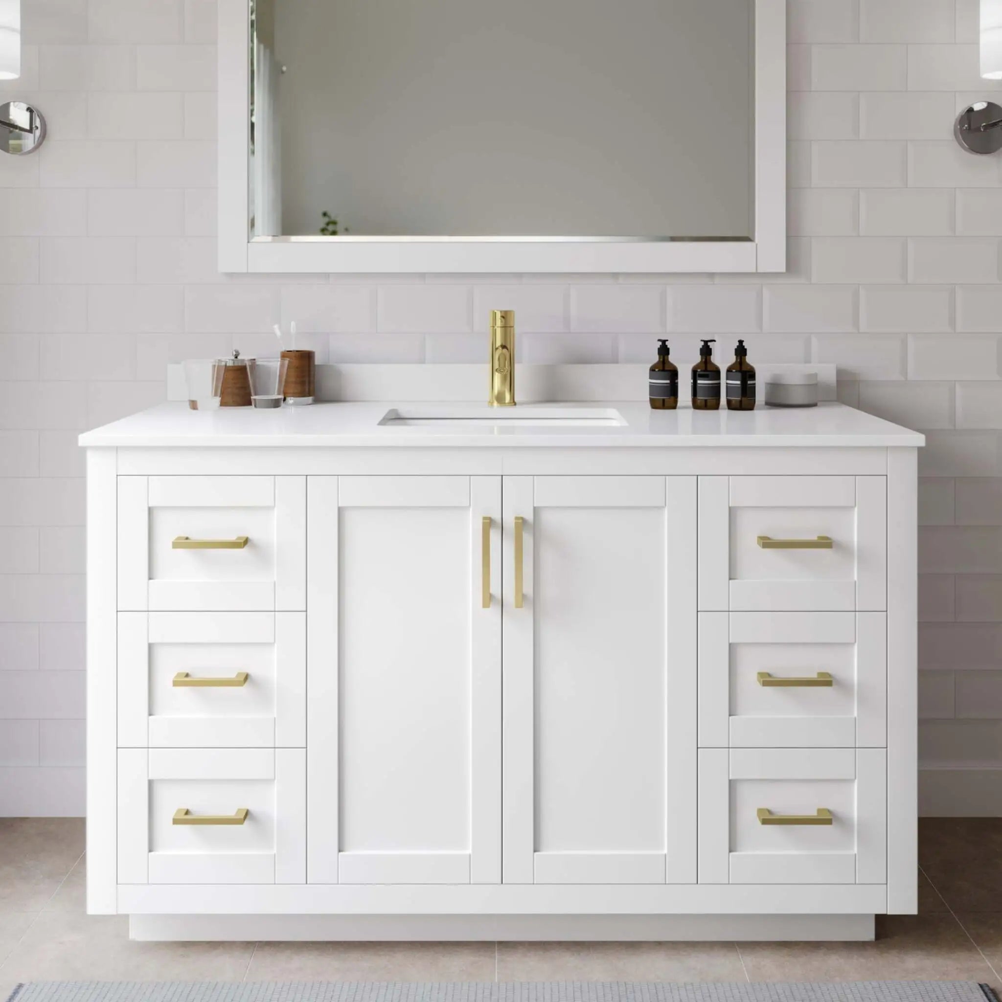 54" Miranda Single Bathroom Vanity in White with Brushed Gold Trim & 46" Mirror by Wyndham