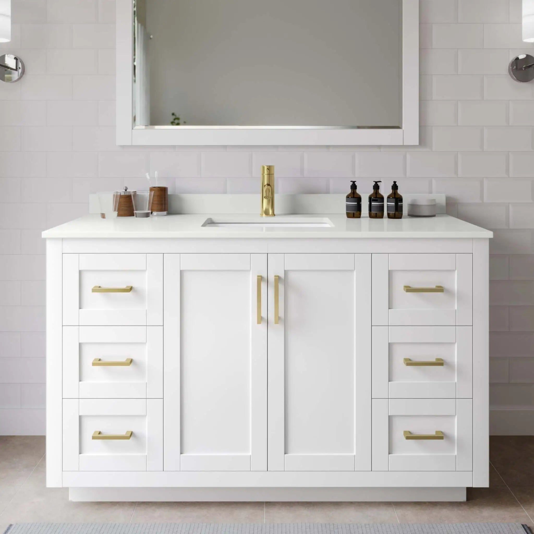 54" Miranda Single Bathroom Vanity in White with Brushed Gold Trim & 46" Mirror by Wyndham