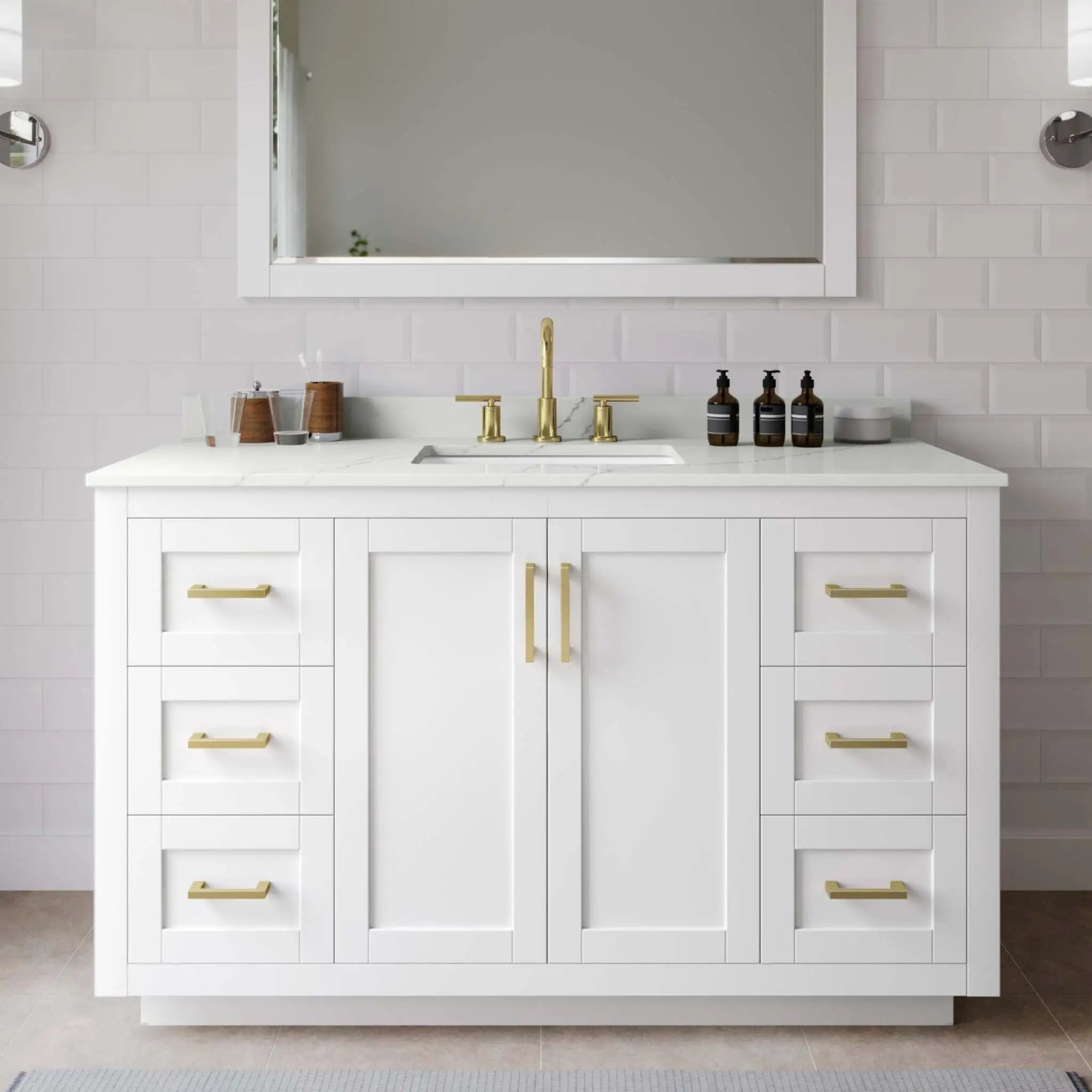54" Miranda Single Bathroom Vanity in White with Brushed Gold Trim by Wyndham
