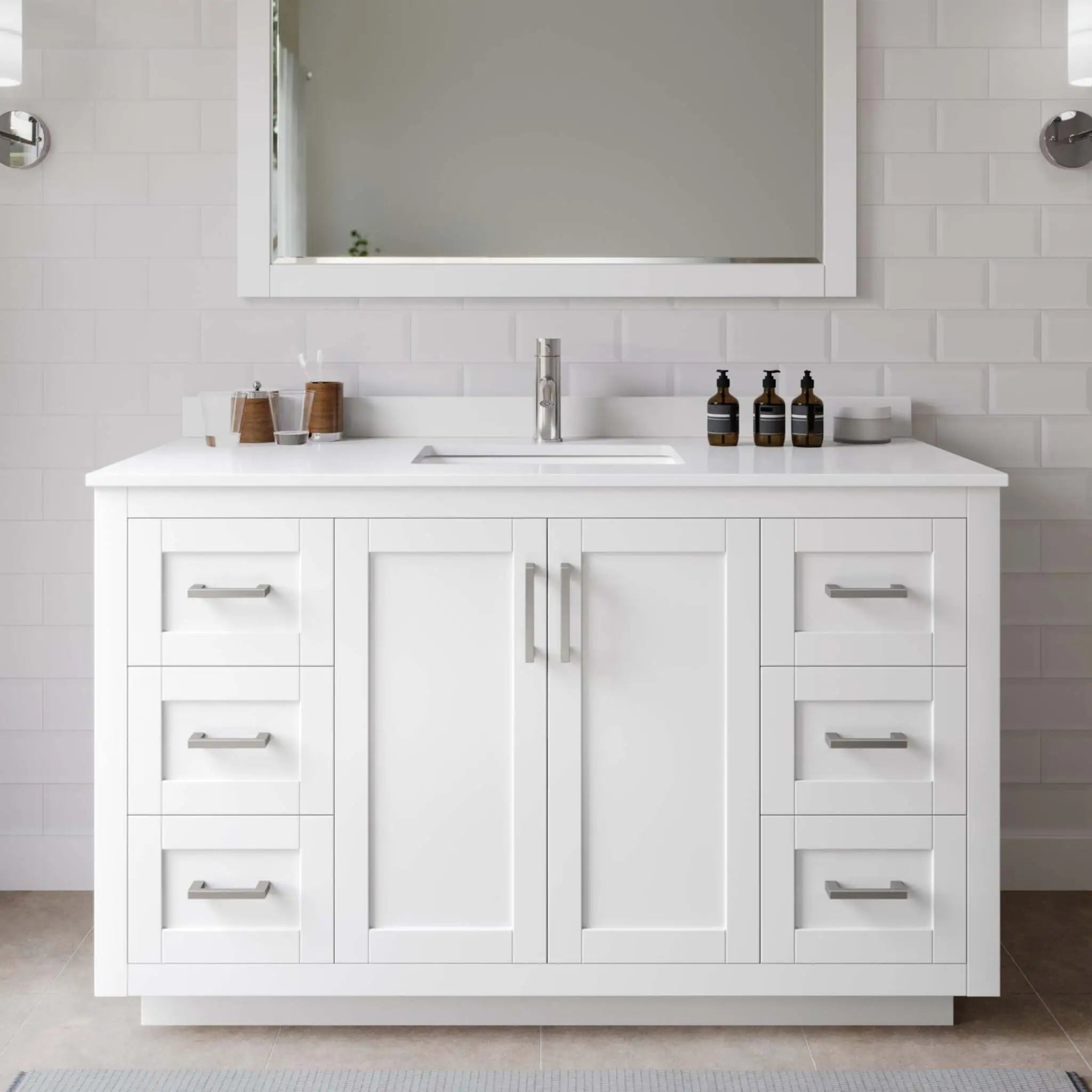 54" Miranda Single Bathroom Vanity in White with Brushed Nickel Trim & 46" Mirror by Wyndham