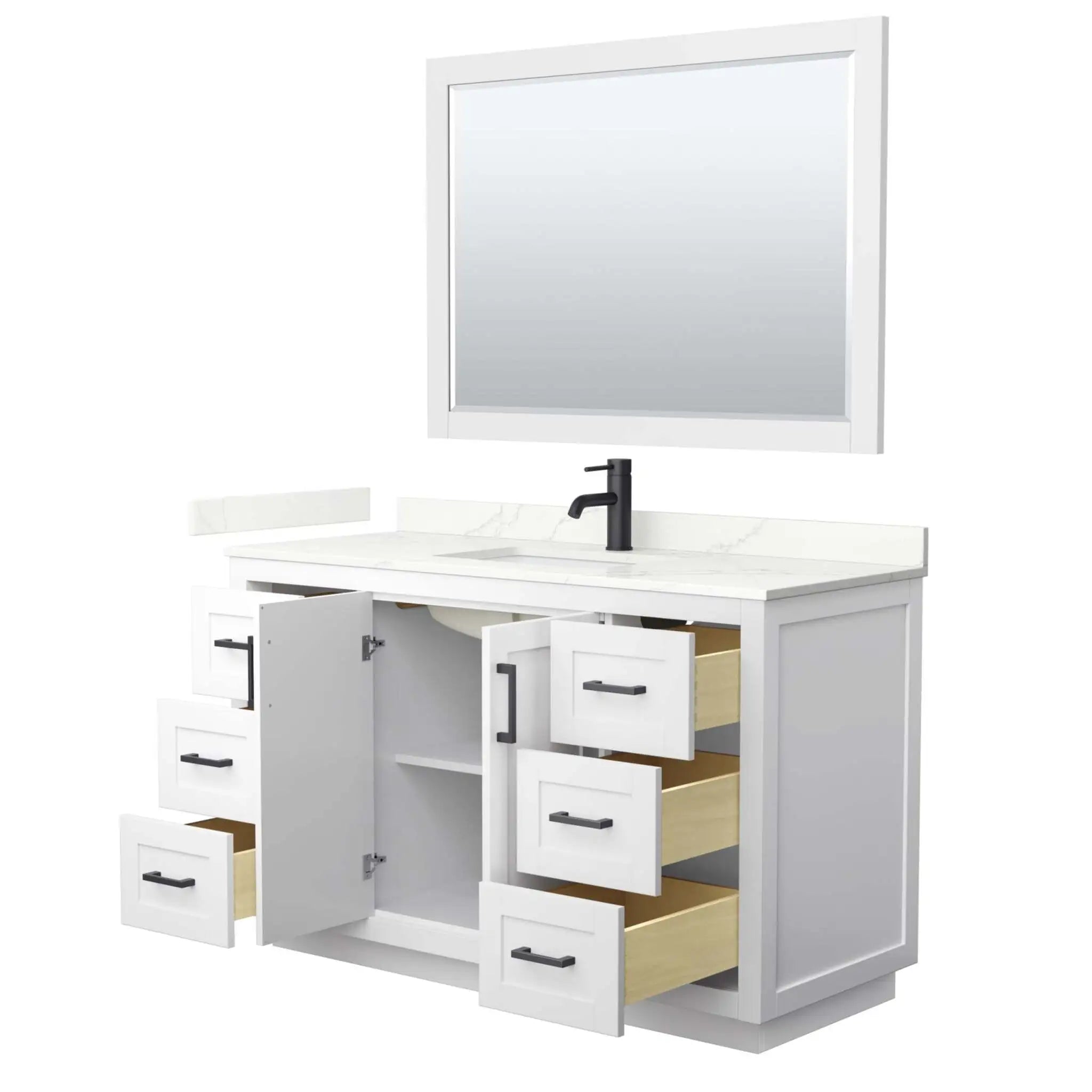 54" Miranda Single Bathroom Vanity in White with Matte Black Trim & 46" Mirror by Wyndham