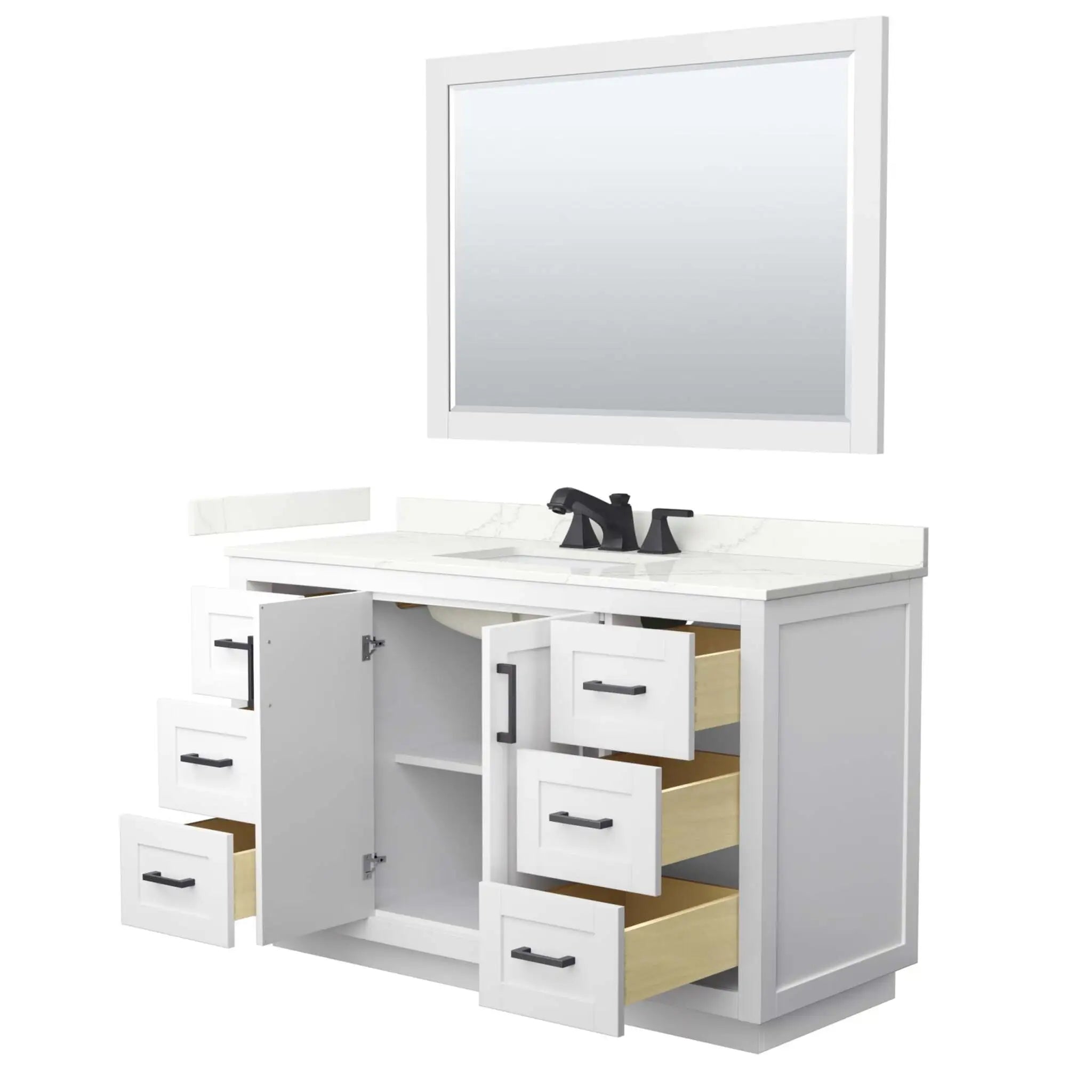 54" Miranda Single Bathroom Vanity in White with Matte Black Trim & 46" Mirror by Wyndham