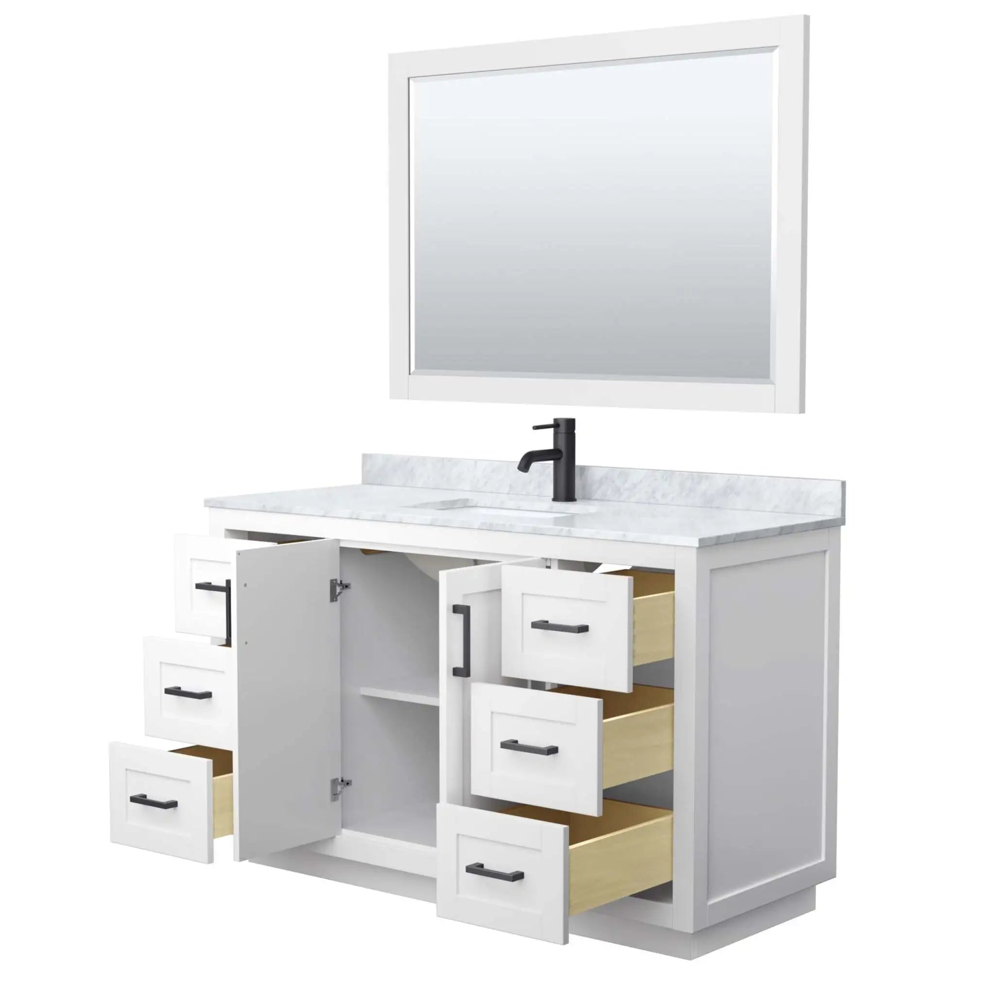 54" Miranda Single Bathroom Vanity in White with Matte Black Trim & 46" Mirror by Wyndham