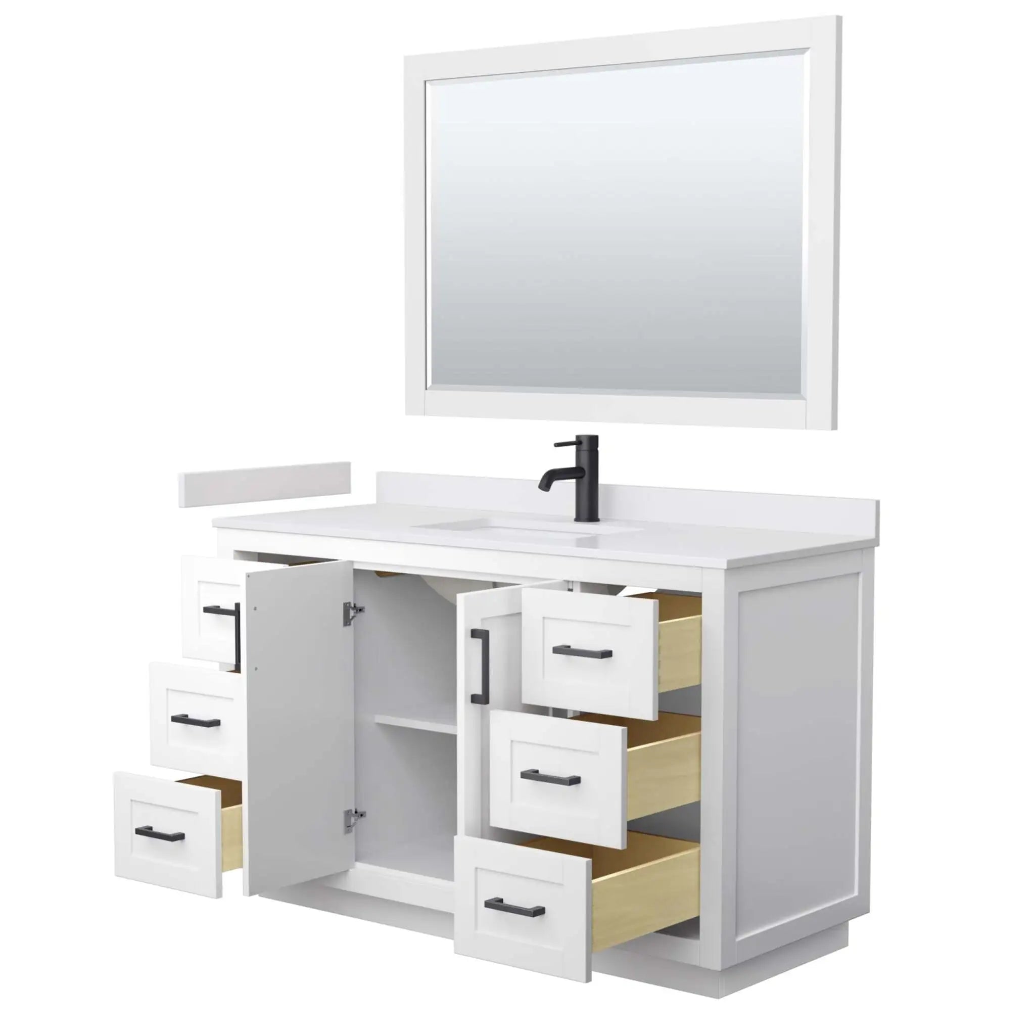 54" Miranda Single Bathroom Vanity in White with Matte Black Trim & 46" Mirror by Wyndham