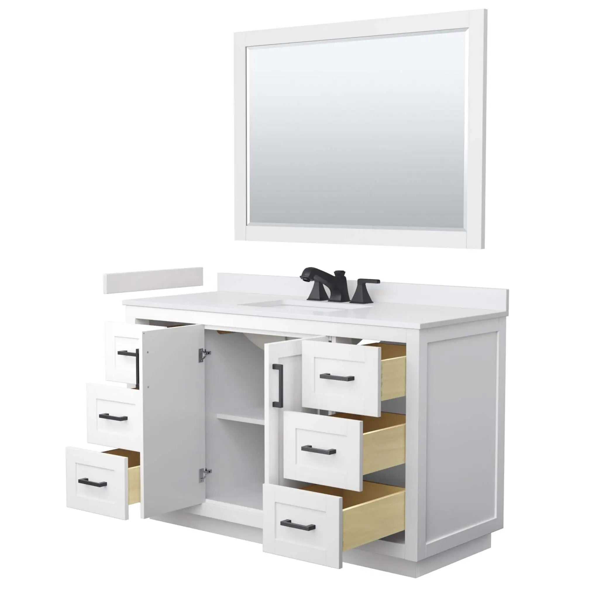 54" Miranda Single Bathroom Vanity in White with Matte Black Trim & 46" Mirror by Wyndham
