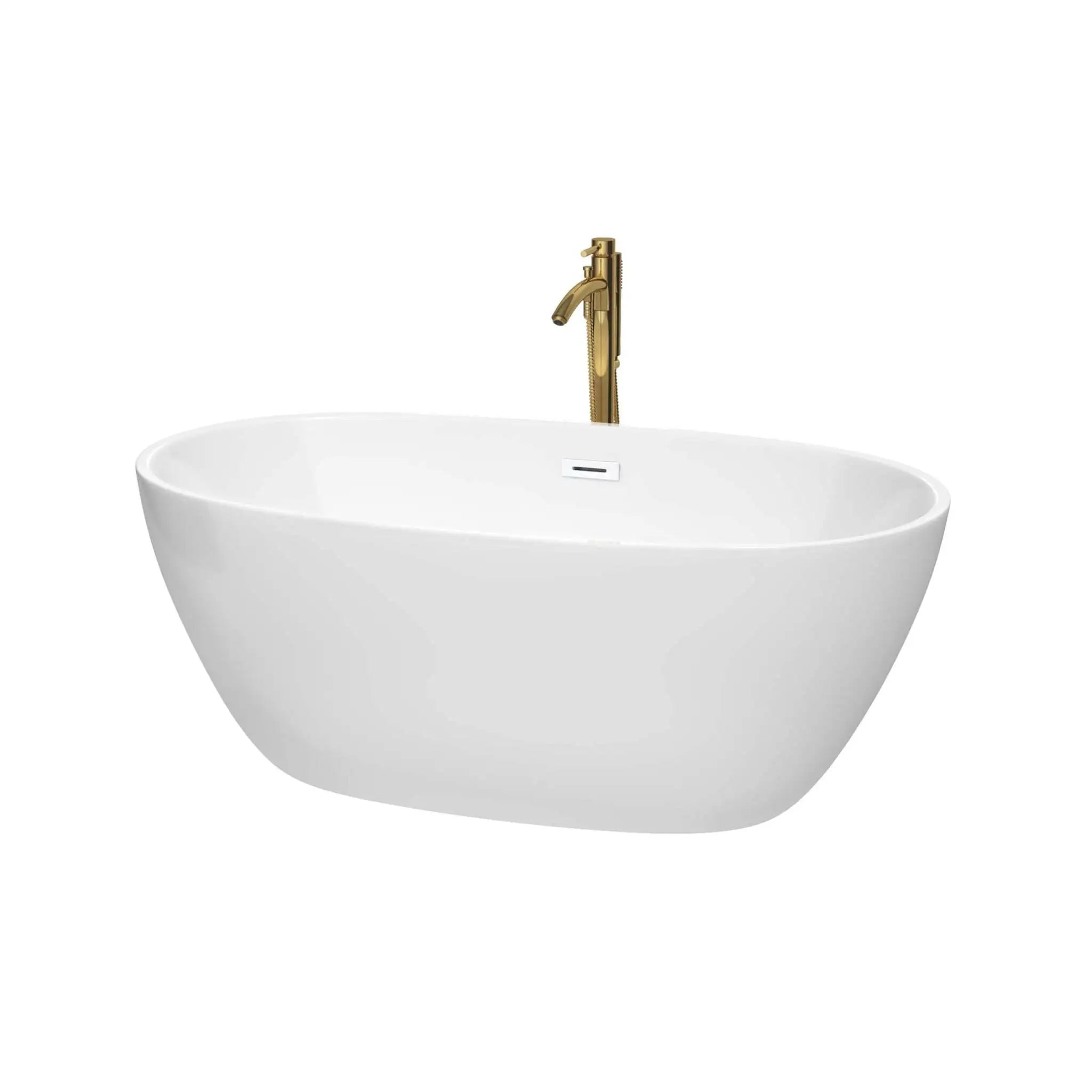 59" White Freestanding Bathtub with Brushed Gold Faucet - Juno by Wyndham (WCBTK156159SWATPGD) image