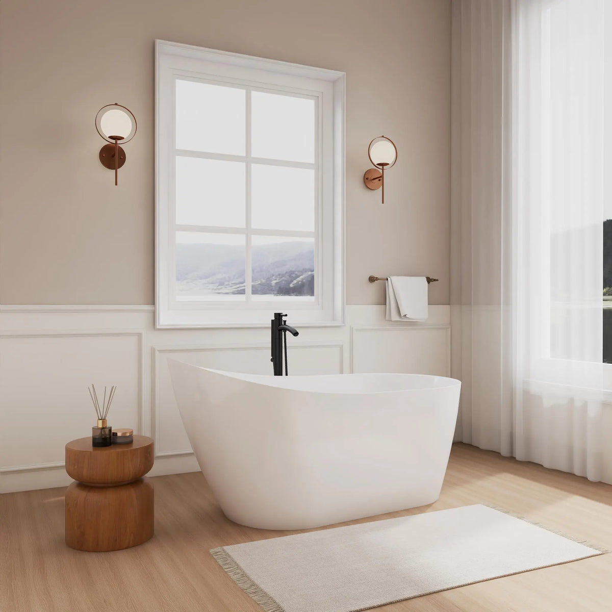 59" White Soaking Bathtub with Shiny White Trim and Floor Mounted Faucet in Matte Black - Davia by Wyndham (WCBTS200259SWATPBK)