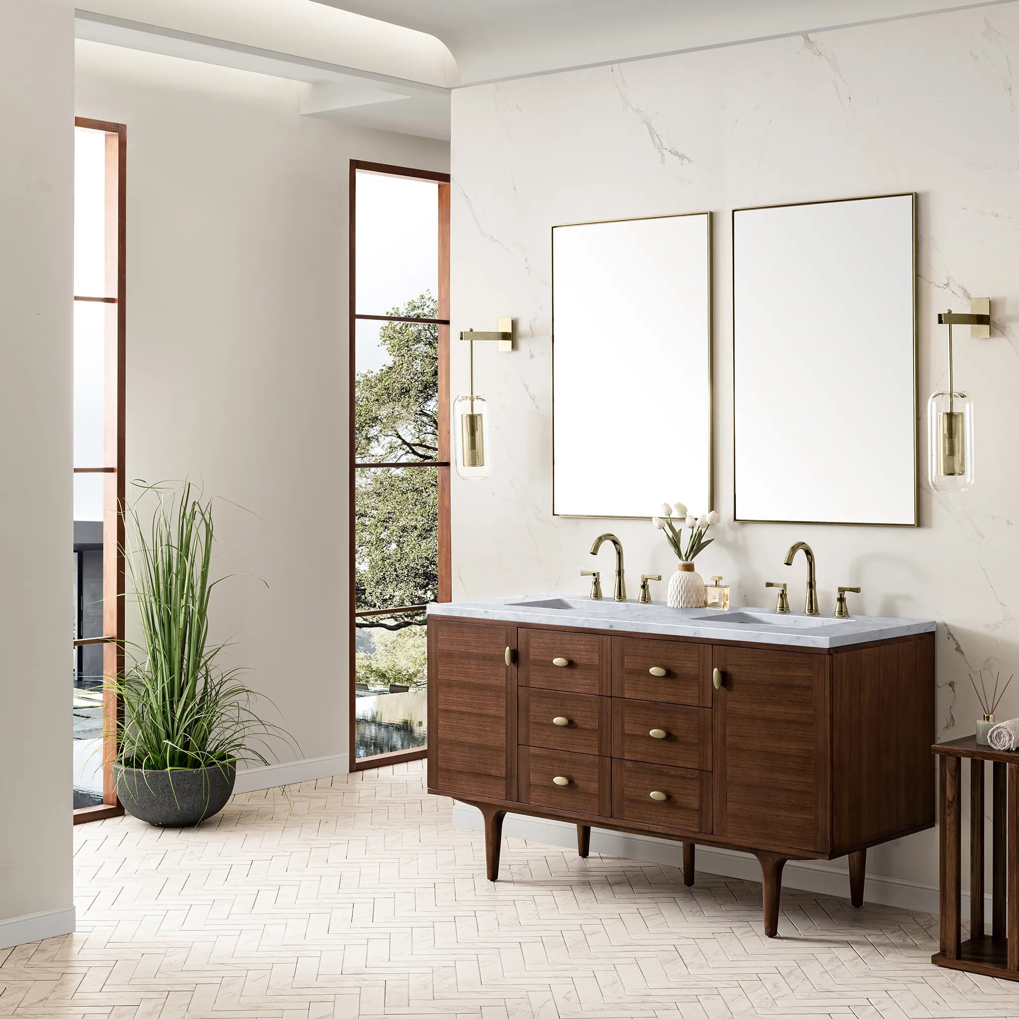 60" Amberly Double Vanity in Mid-Century Walnut-Carrara White Marble-8" Widespread image 4