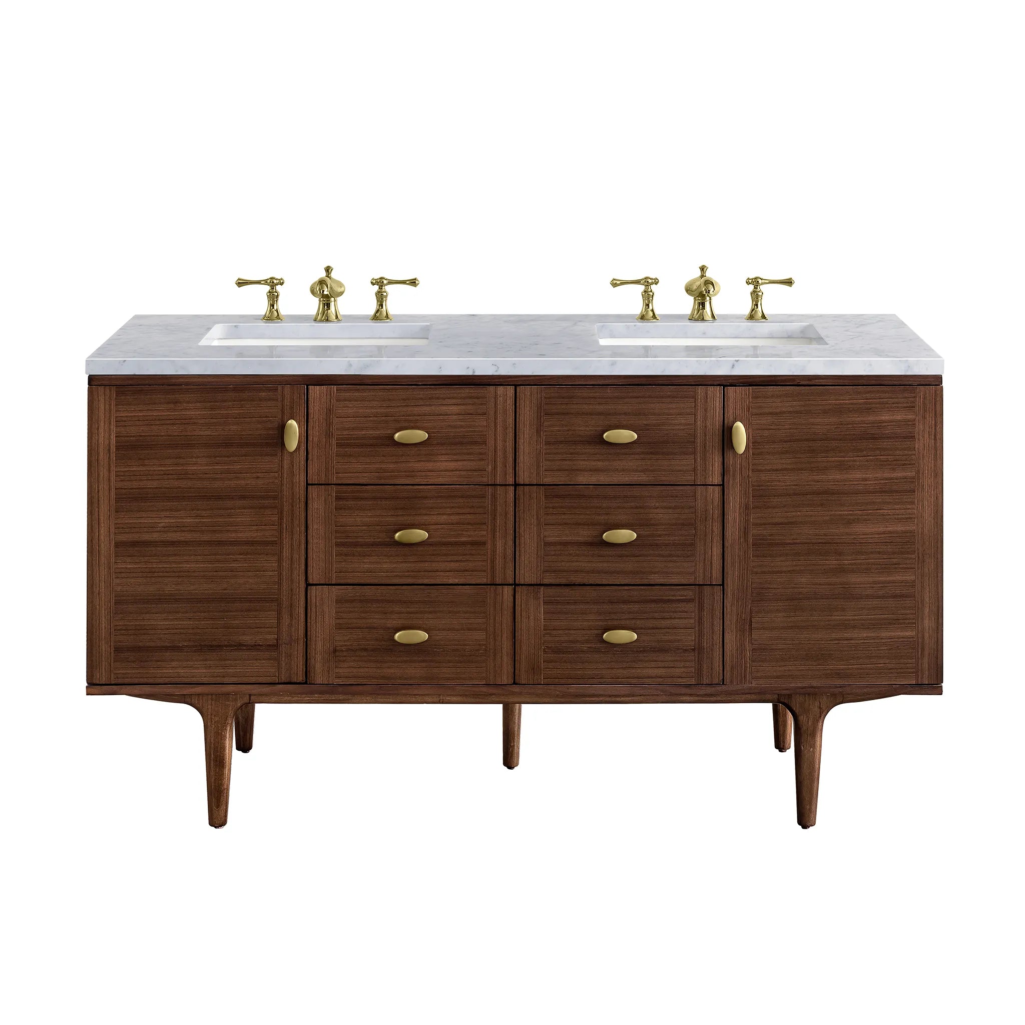 60" Amberly Double Vanity in Mid-Century Walnut-Carrara White Marble-8" Widespread image