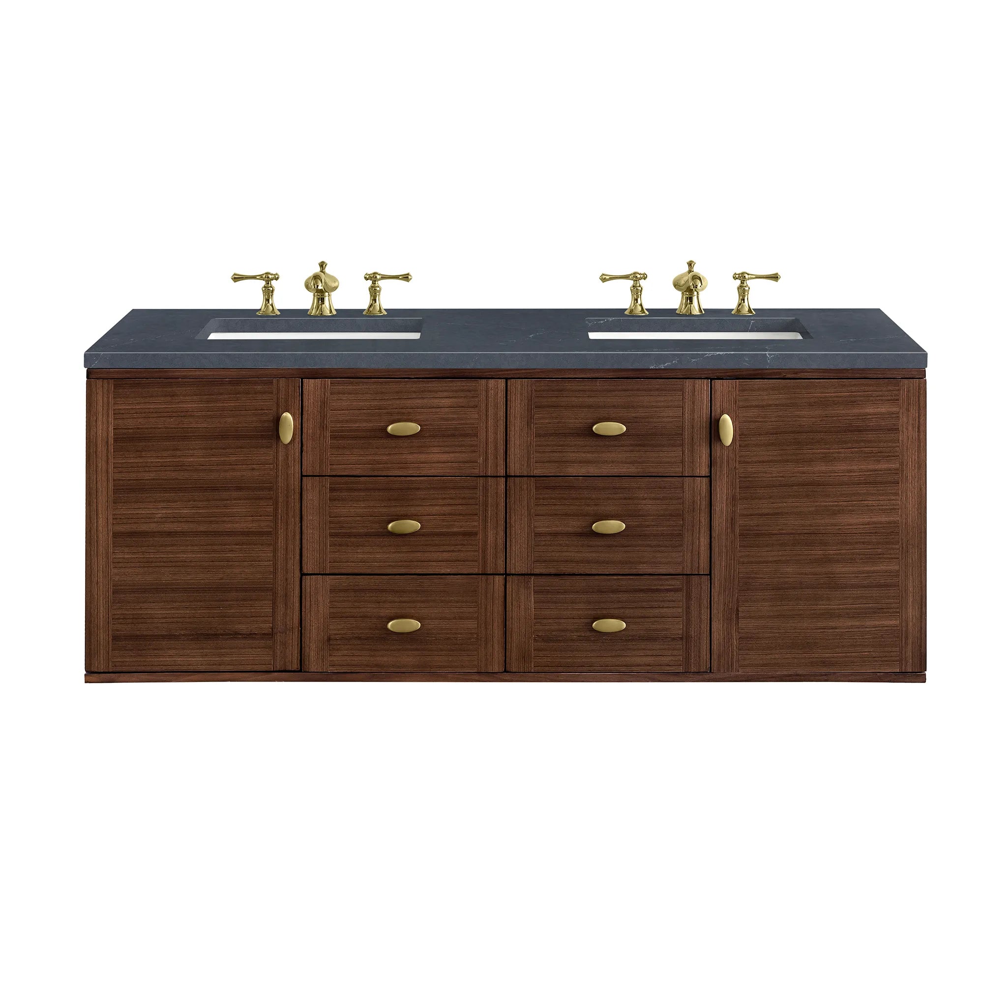 60" Amberly Double Vanity in Mid-Century Walnut-Charcoal Soapstone Silestone-8" Widespread image 1