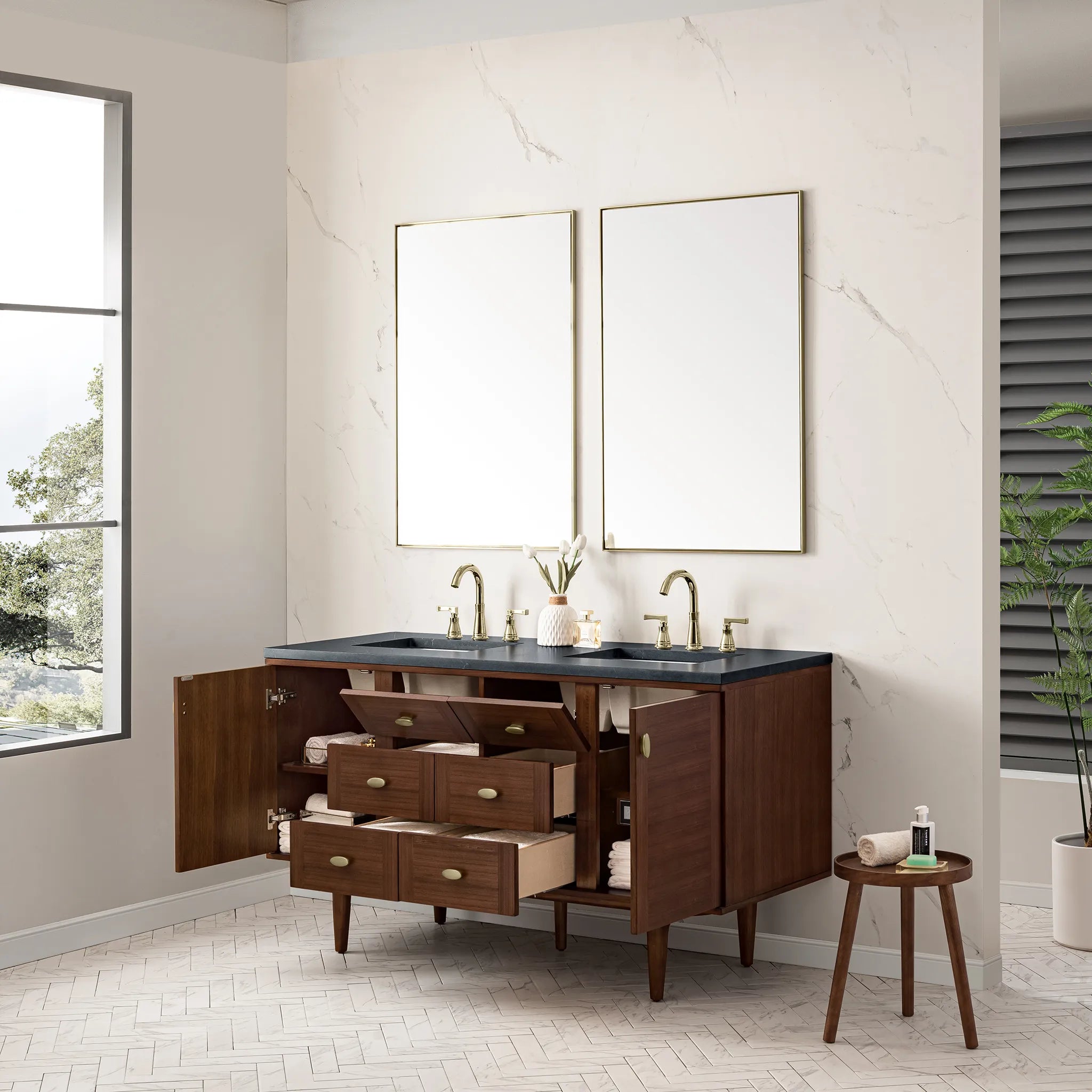 60" Amberly Double Vanity in Mid-Century Walnut-Charcoal Soapstone Silestone-8" Widespread image 10