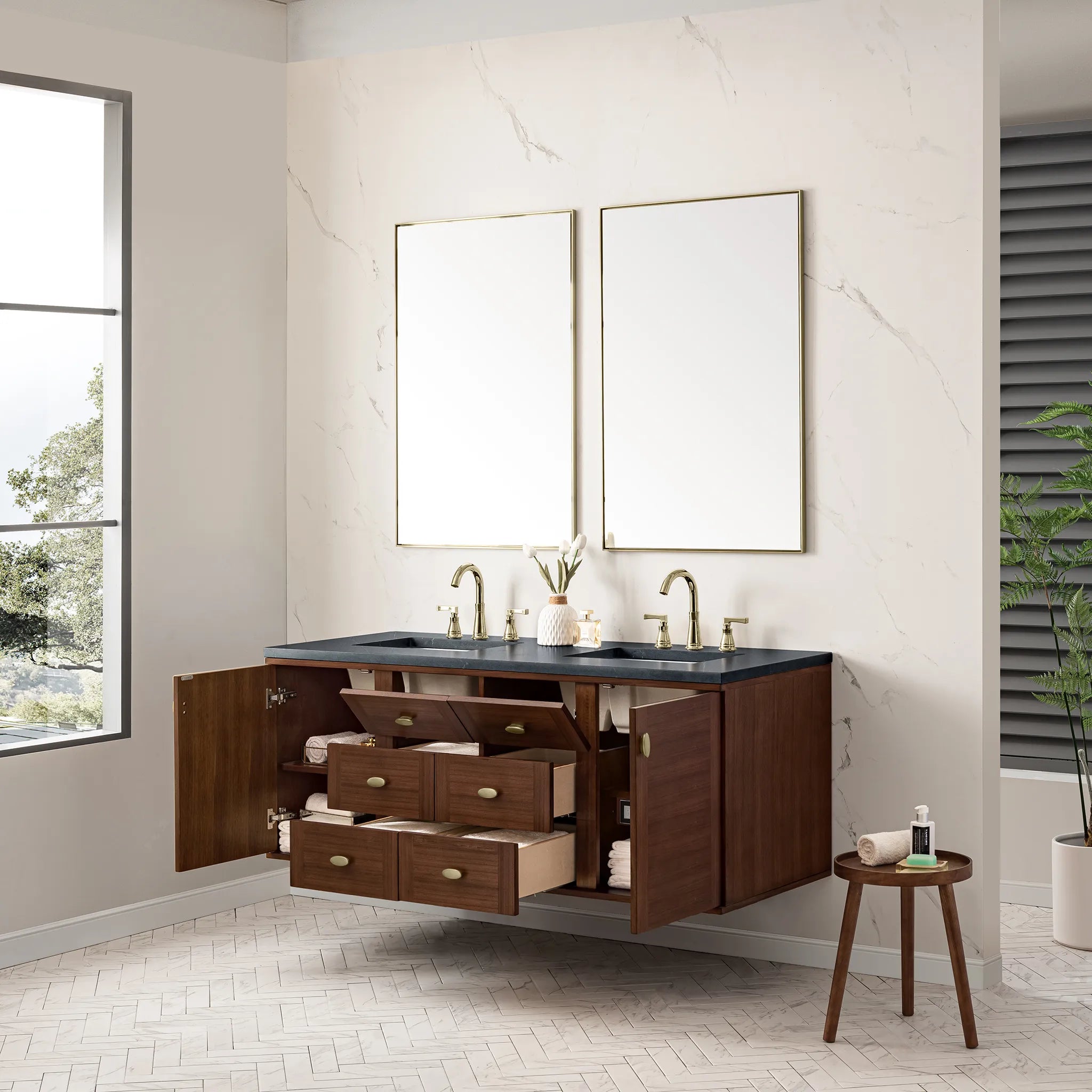 60" Amberly Double Vanity in Mid-Century Walnut-Charcoal Soapstone Silestone-8" Widespread image 11