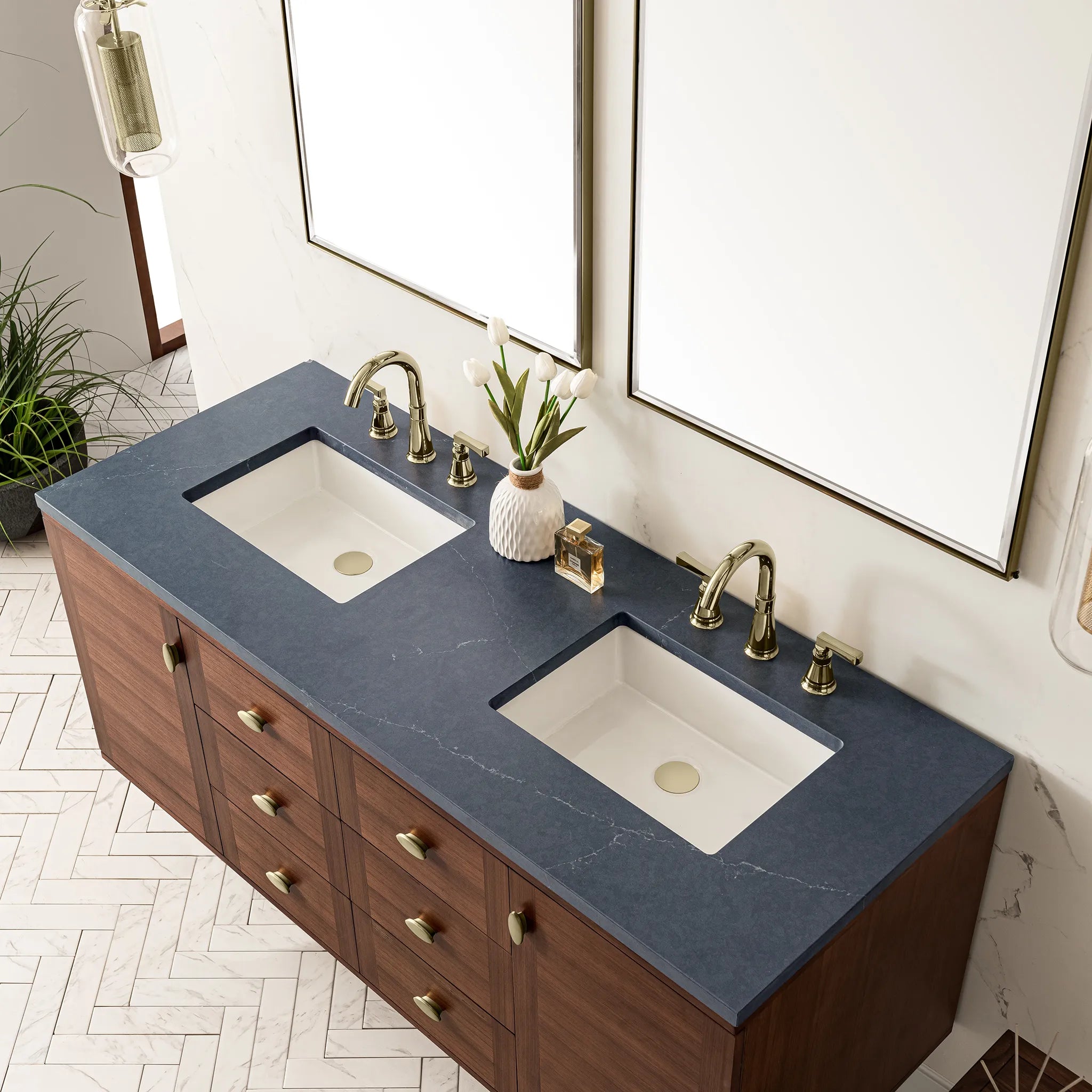 60" Amberly Double Vanity in Mid-Century Walnut-Charcoal Soapstone Silestone-8" Widespread image 12